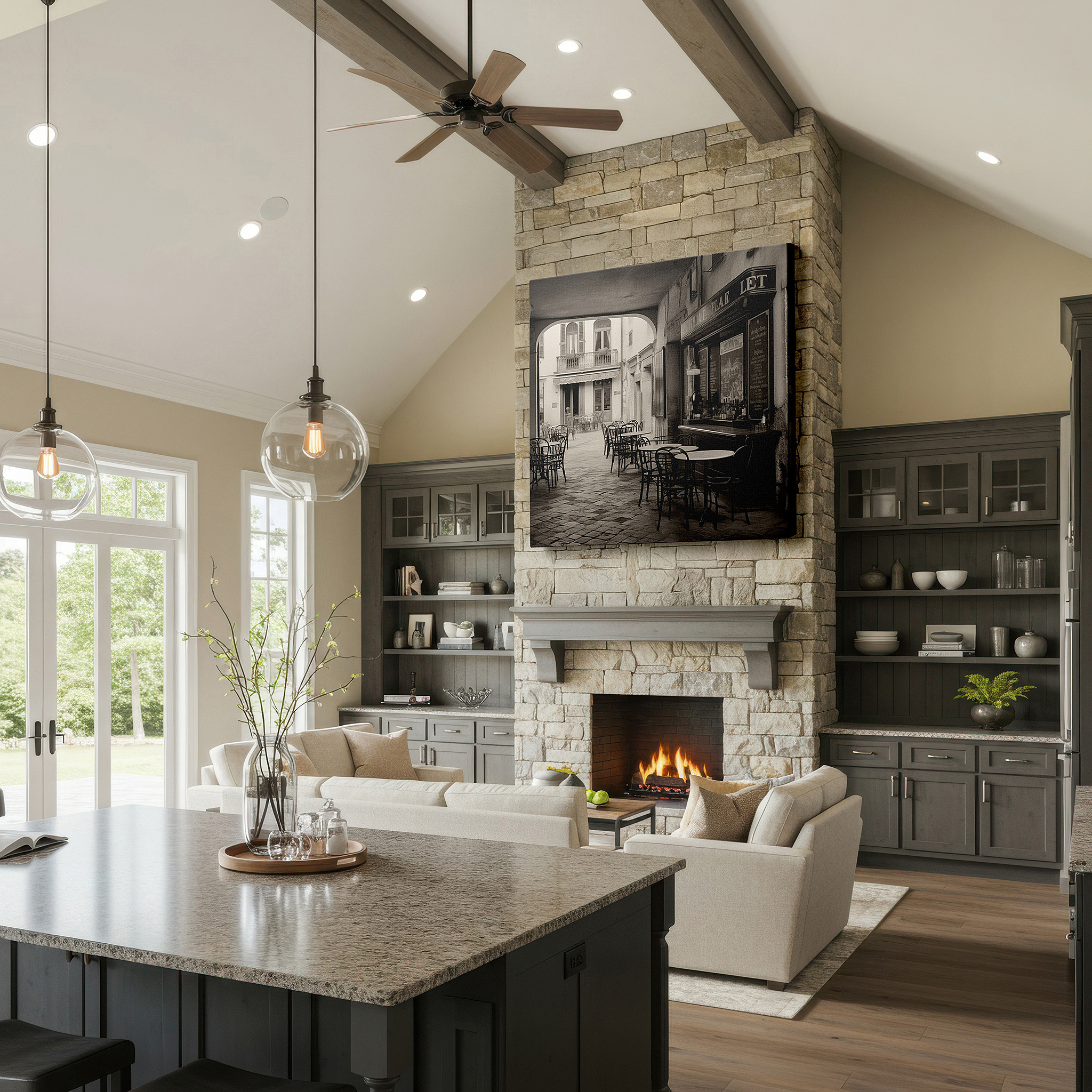 Mounted in a loft-style interior with exposed brick walls — wall art: experience timeless elegance with large canvas prints of a secluded european café - perfect for office, bedroom, or living room decor