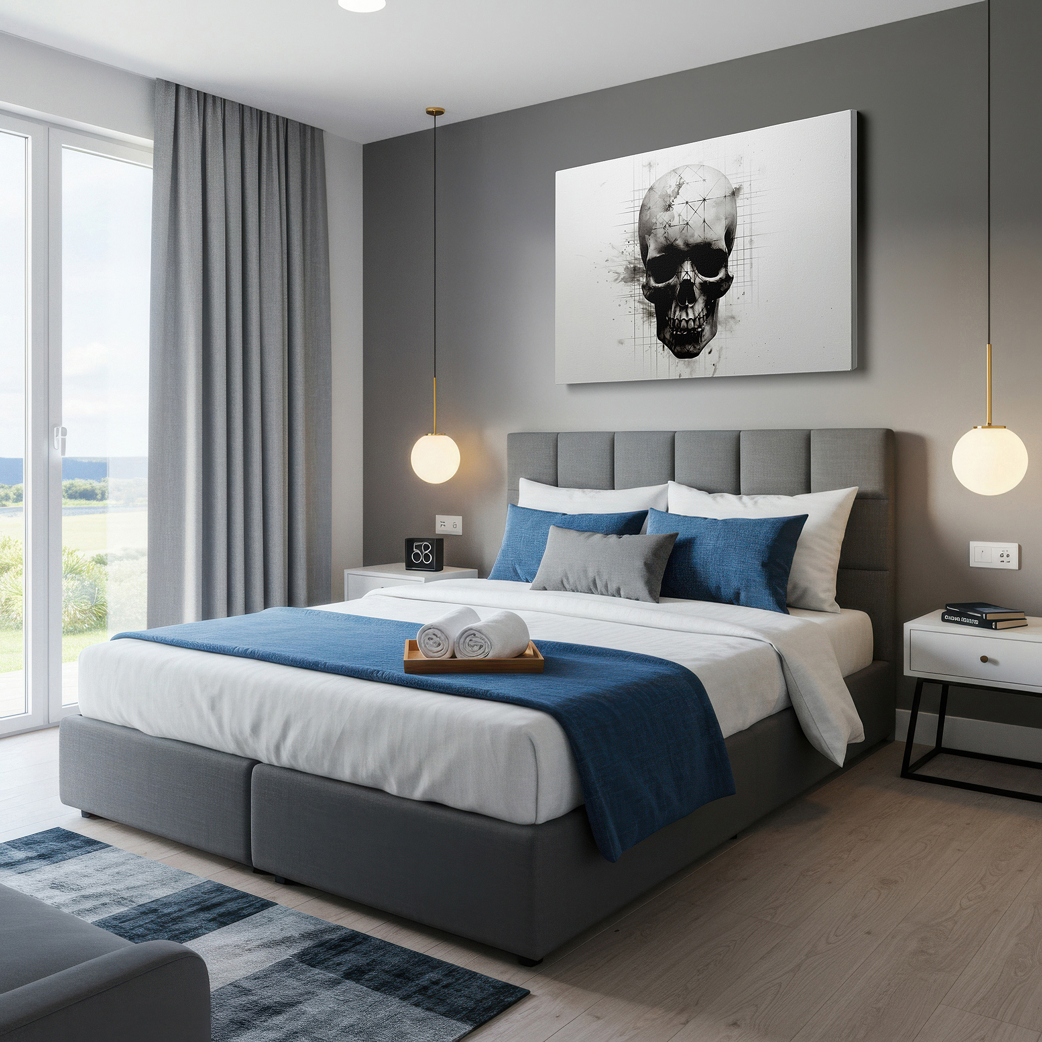 Mounted in a loft-style interior with exposed brick walls — wall art: explore the essence of existence with a geometric skull design - large canvas art for home and office decor, ideal for living rooms and bedrooms