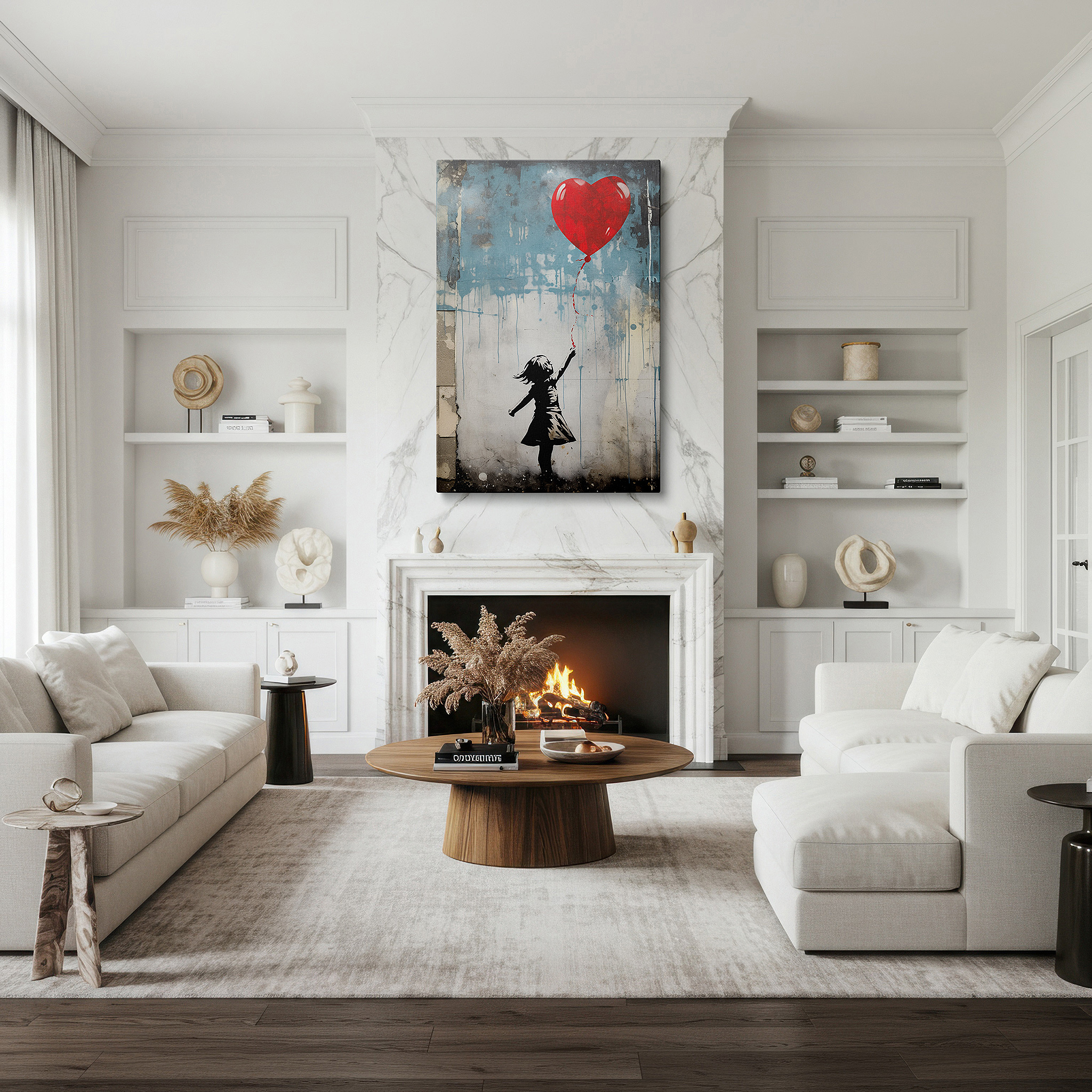 Mounted in a loft-style interior with exposed brick walls — wall art: "girl with the heart-shaped balloon" - emblem of hope and dreams amidst urban life. large canvas art for home and office decor, perfect for living room and bedroom