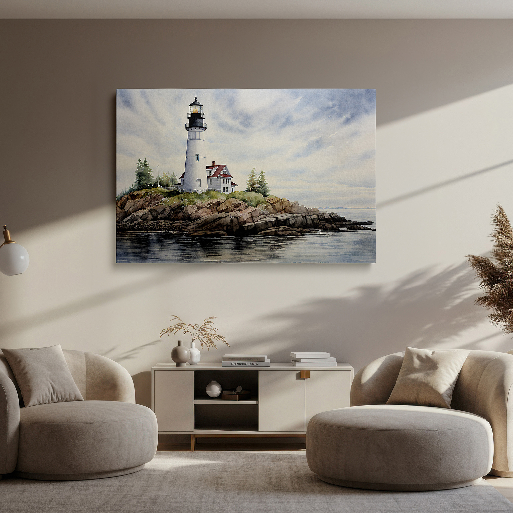 Mounted in a loft-style interior with exposed brick walls — wall art: majestic lighthouse on a rugged coastline - a beacon of serenity and nature's beauty. large canvas wall art for home and office decor.