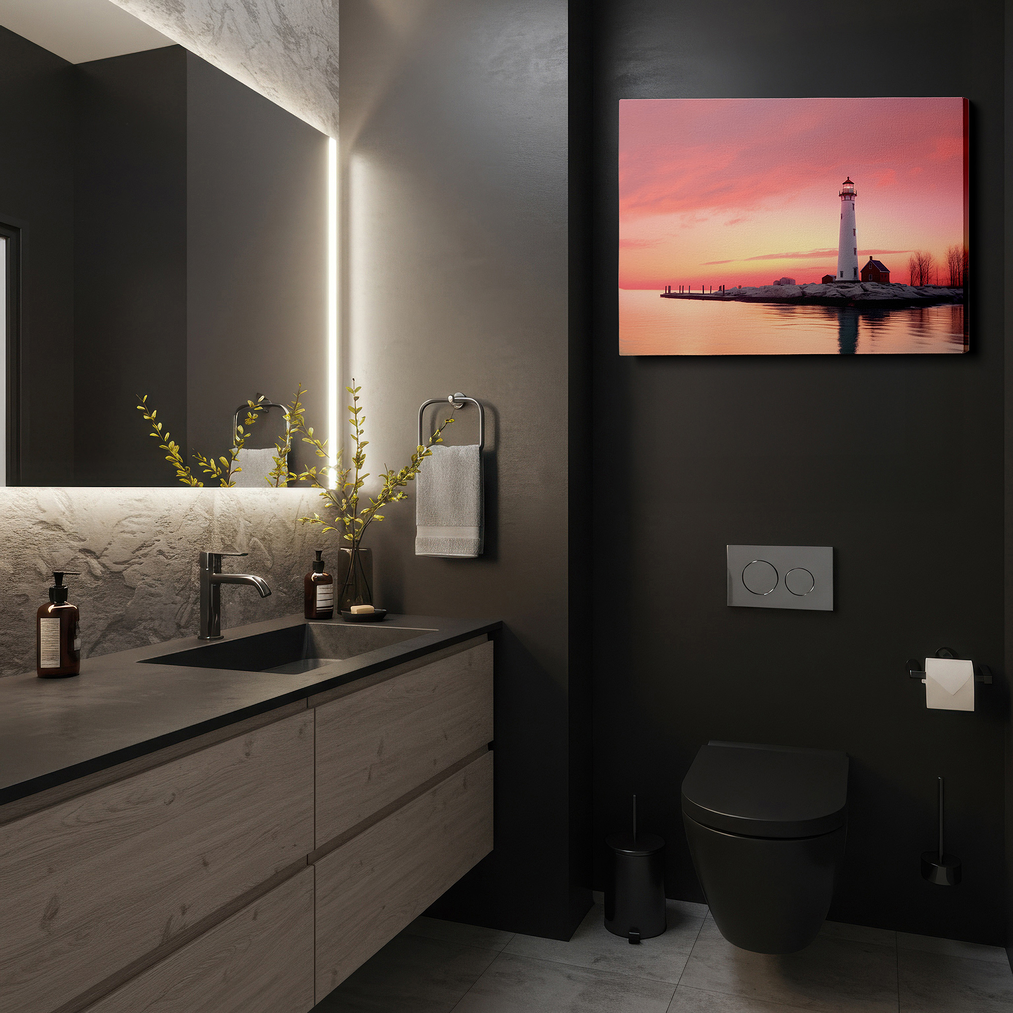Mounted in a loft-style interior with exposed brick walls — wall art: serene white lighthouse at sunset - a symbol of peace and hope, large canvas wall art for office and bedroom decor