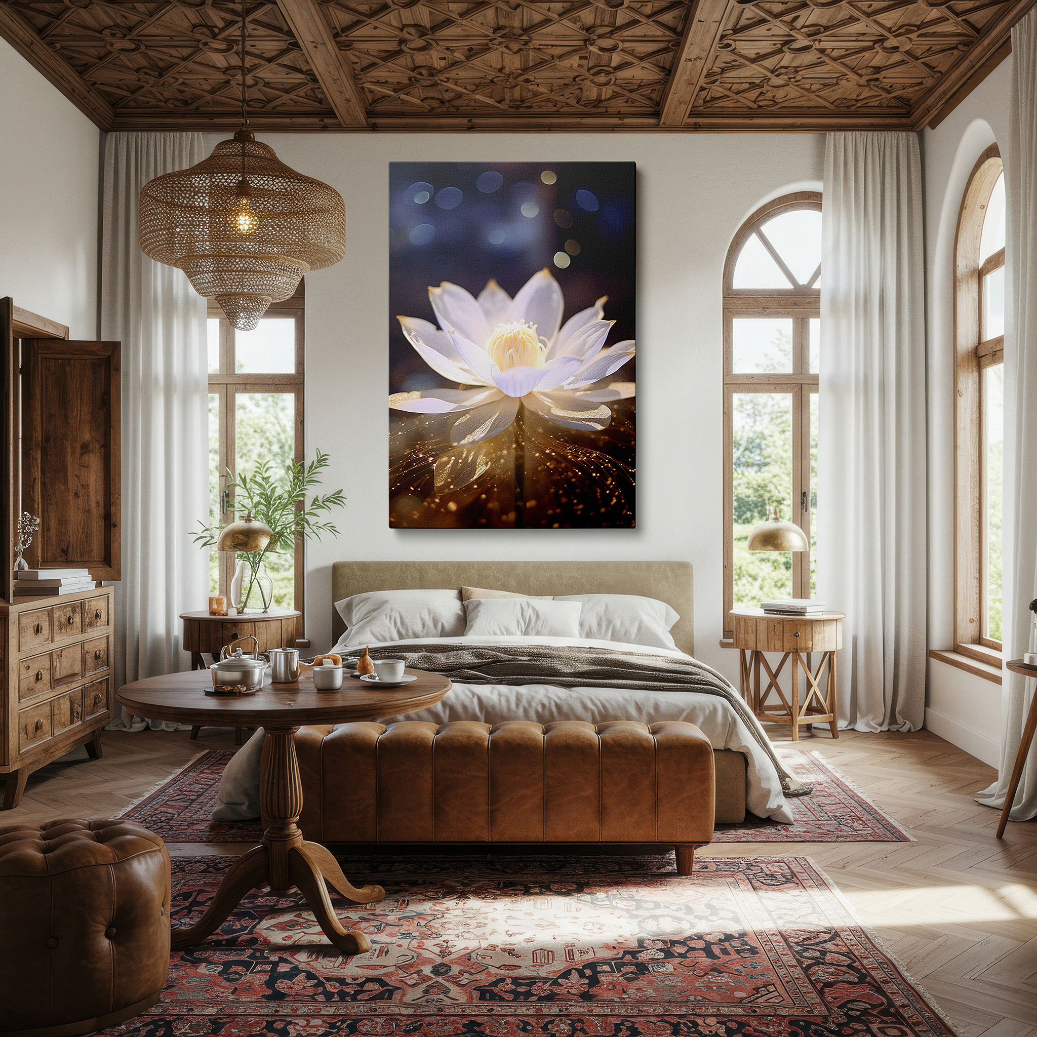 Mounted in a loft-style interior with exposed brick walls — wall art: serene white lotus blossom, emblem of purity and peace, set against a soft glow - large canvas wall art for home and office decor