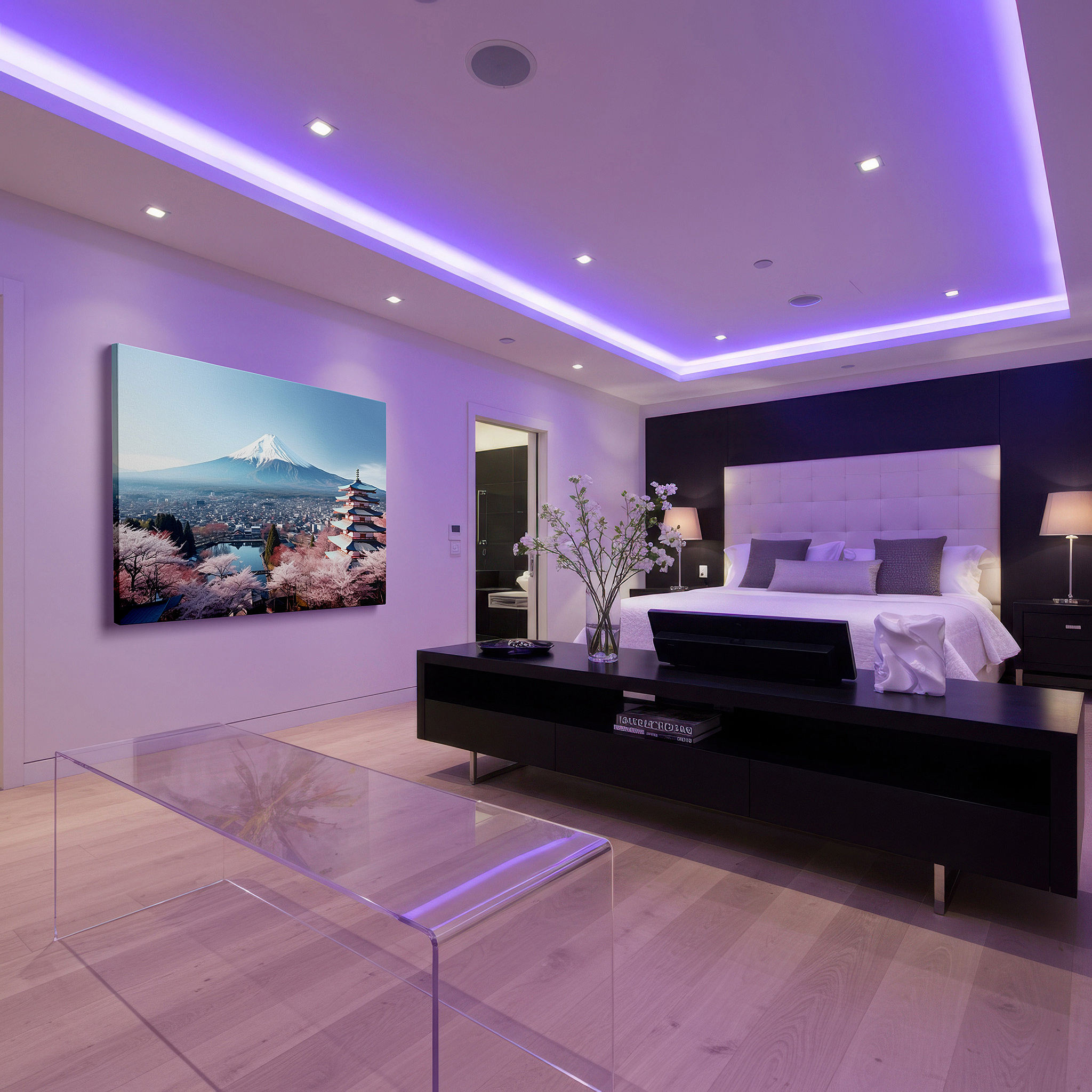 Mounted in a loft-style interior with exposed brick walls — wall art: tranquil japanese spring scene featuring sakura in full bloom, mount fuji, and traditional pagoda - large canvas wall art for office decor