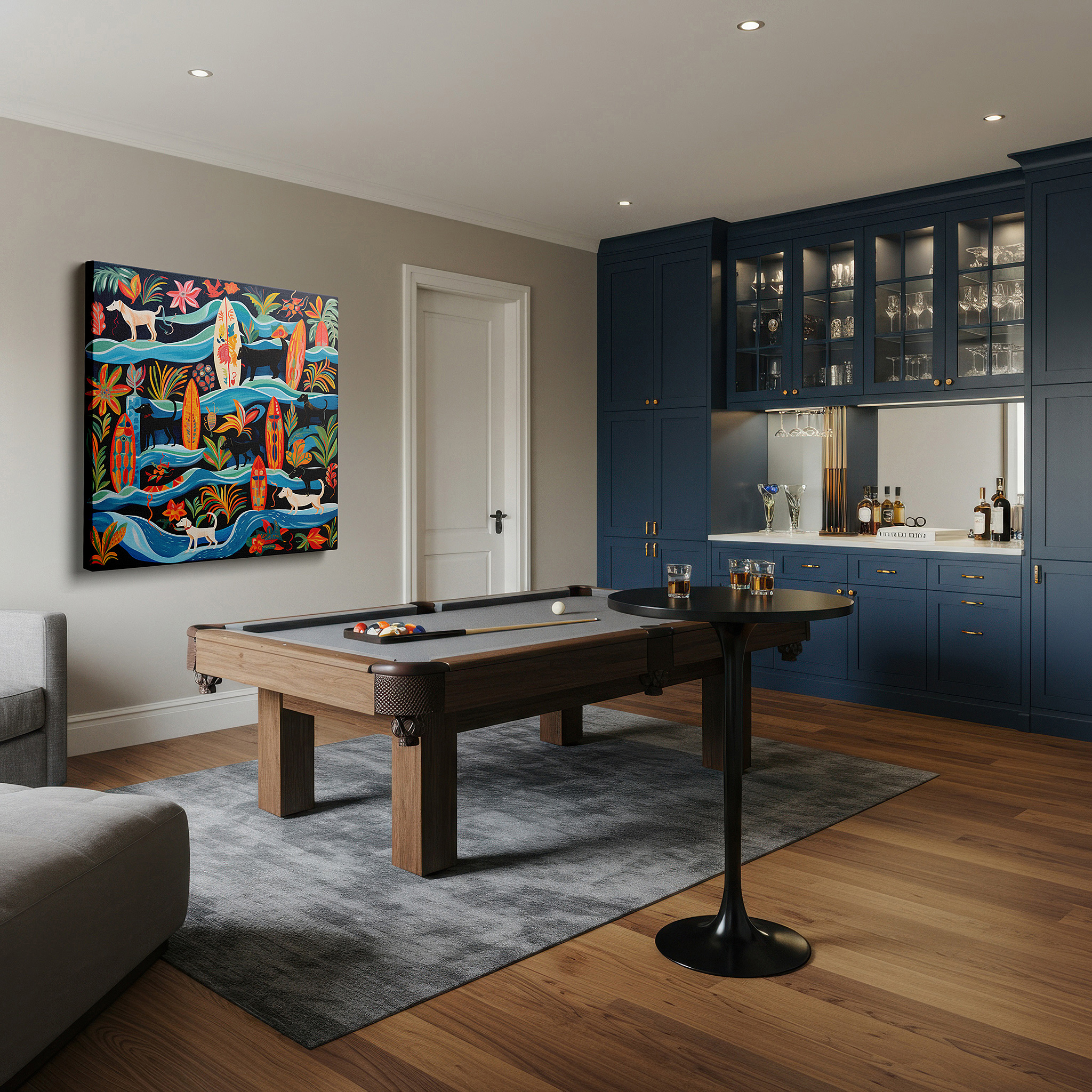 Mounted in a loft-style interior with exposed brick walls — wall decor: cheerful dogs on a tropical beach featuring black labradors and vibrant surfboards - large canvas art for office and bedroom