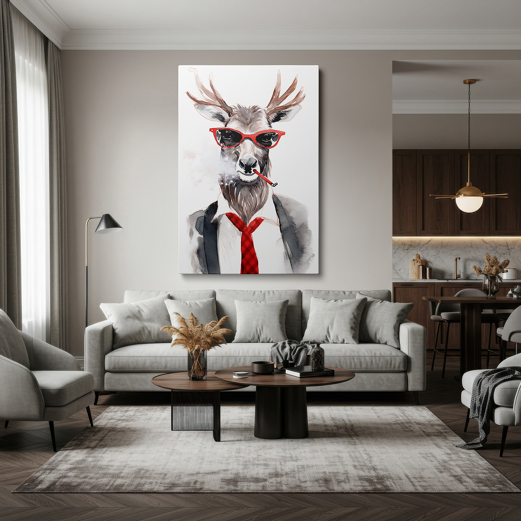 Mounted in a loft-style interior with exposed brick walls — wall decor: elegant yet playful deer in suit and red sunglasses - large canvas art for office and home