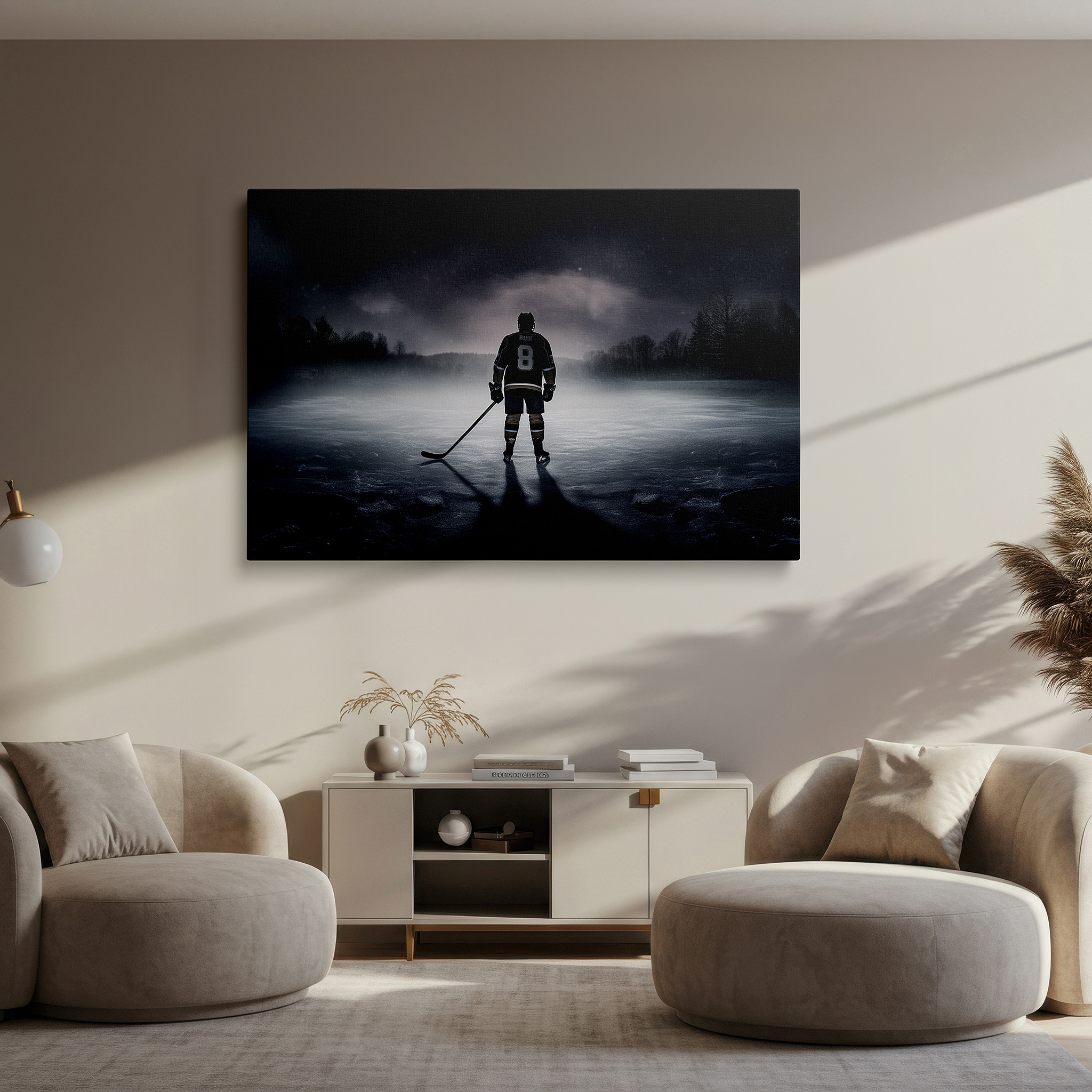 Mounted in a loft-style interior with exposed brick walls — wall decor: lone hockey player beneath a starry sky - symbolizing perseverance and solitude. large canvas art for home and office decor.