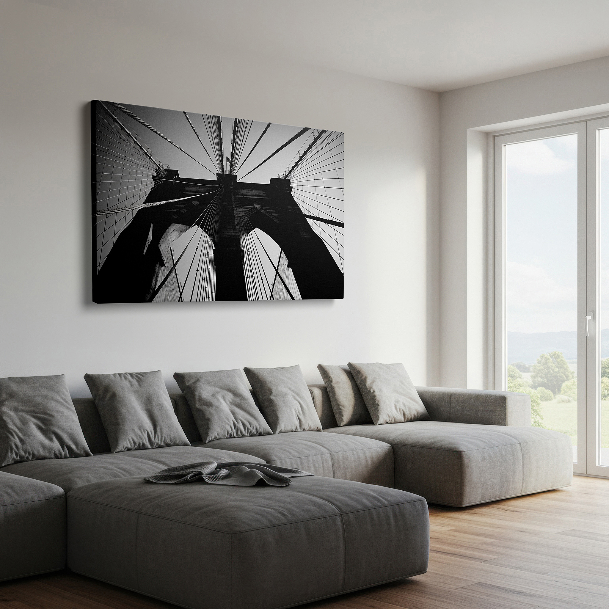 Mounted in a loft-style interior with exposed brick walls — wall decor: stunning black-and-white brooklyn bridge - a tribute to architectural genius and human spirit, large canvas art for home and office