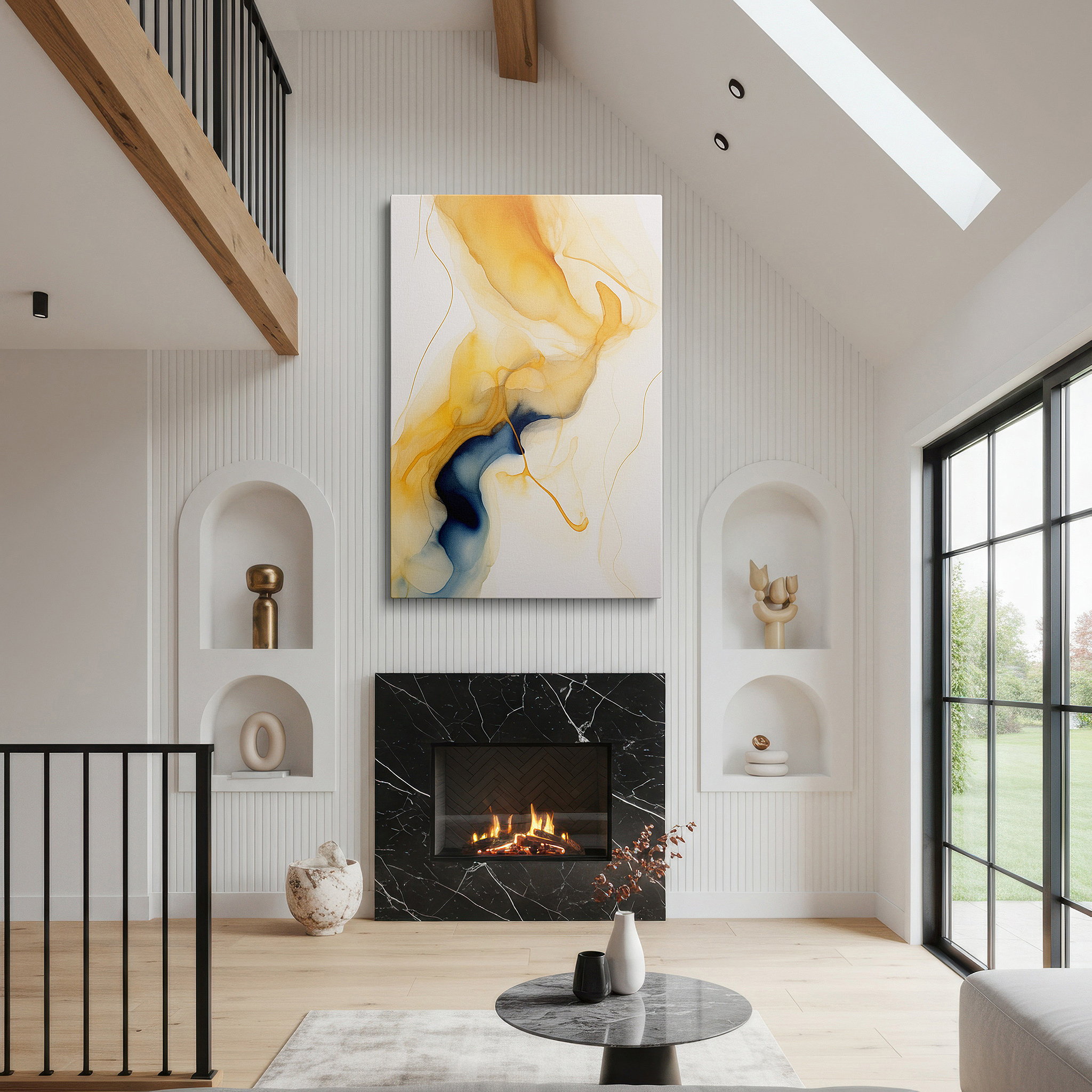 Mounted in a loft-style interior with exposed brick walls — warm oranges and tranquil blues blend in fluid abstract large wall art, canvas wall art, wall decor for office