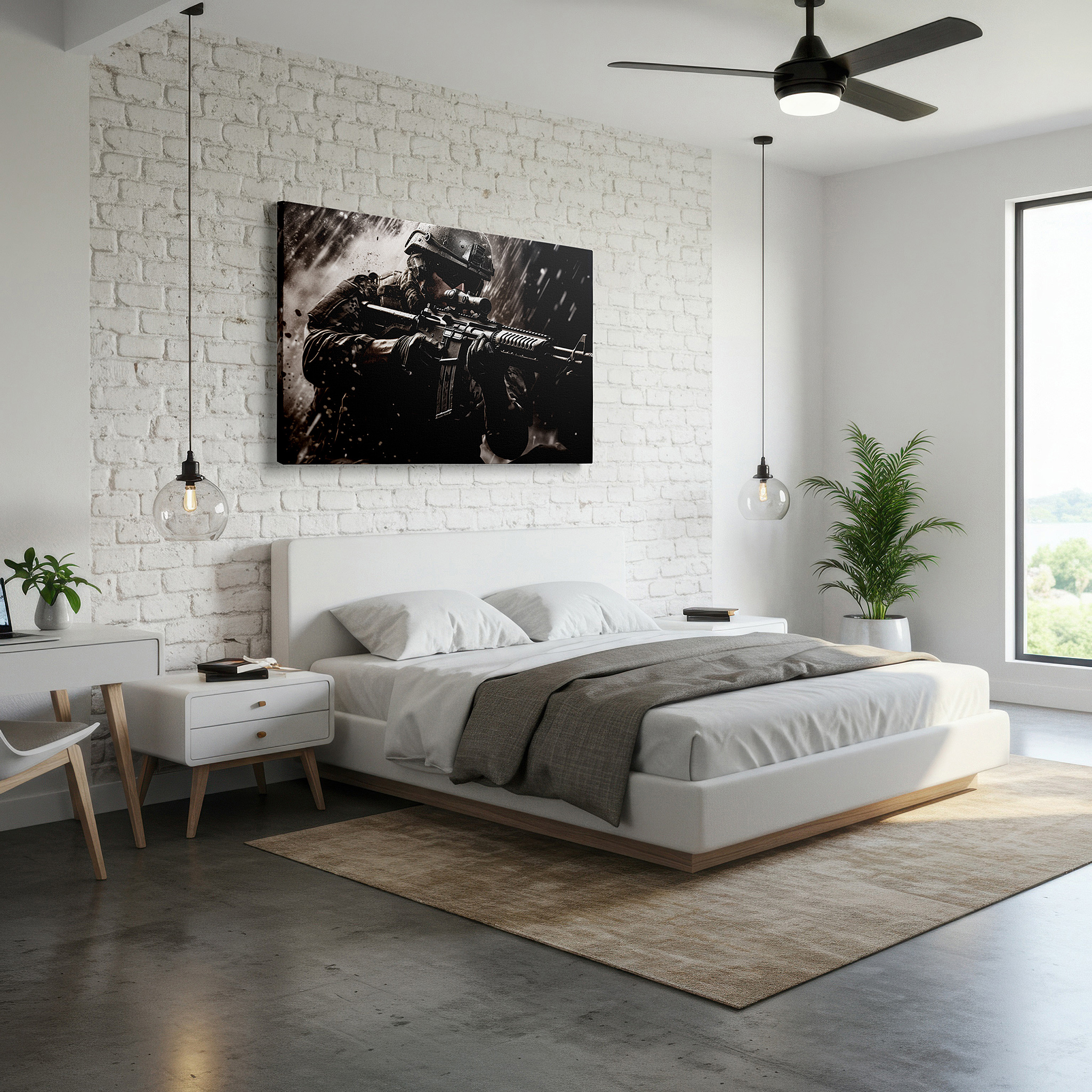 Mounted in a loft-style interior with exposed brick walls — warrior in battle: a striking depiction of war's brutal truths and heroic alertness - large wall art, canvas wall art, wall decor, office wall art