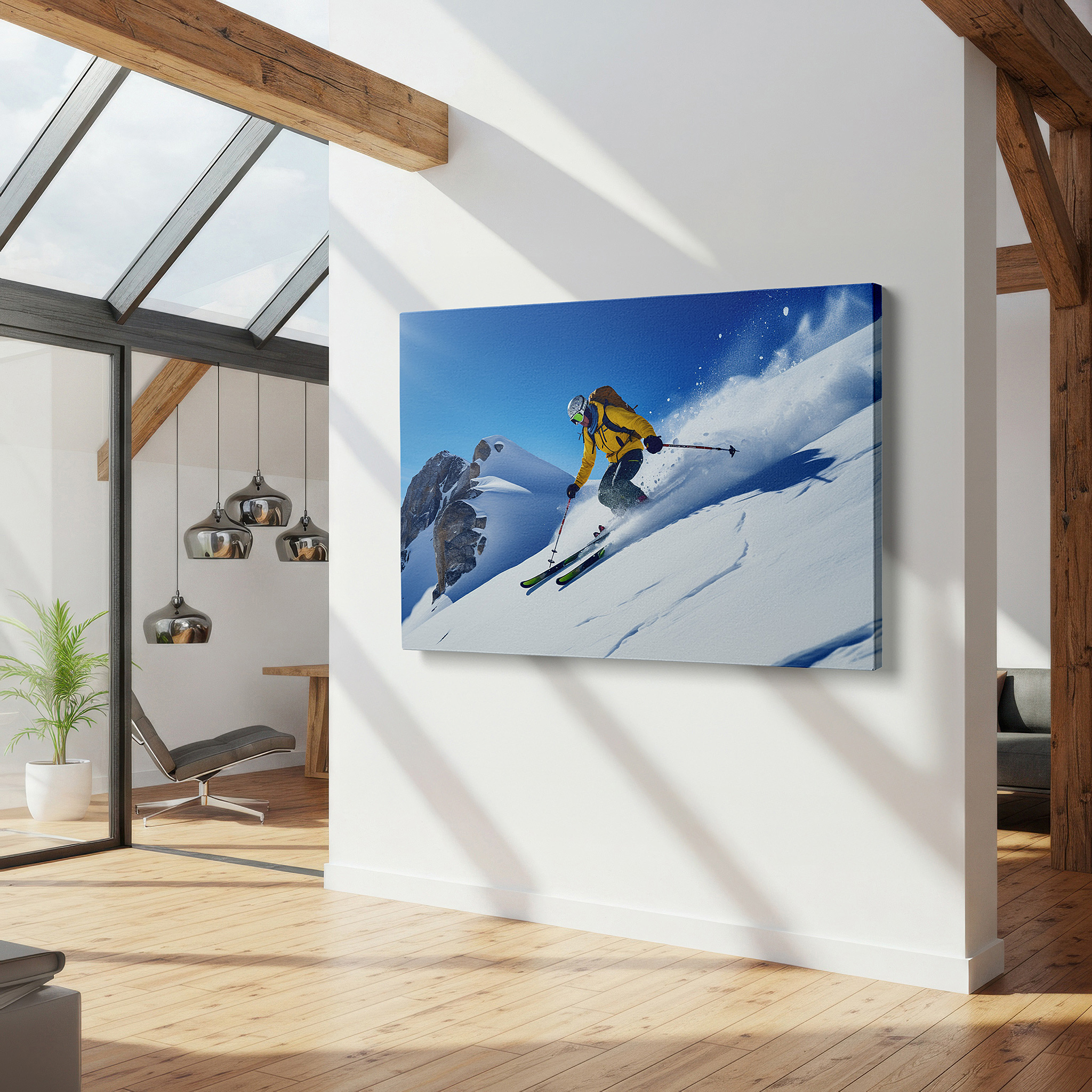 Mounted in a loft-style interior with exposed brick walls — winter sports excitement: skier on snow-covered mountain with bright blue sky - large canvas wall art for home and office decor