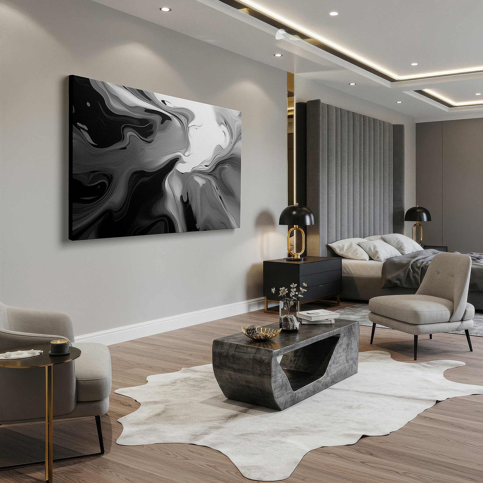Perfectly sized at 45×30 cm for accenting shelves or narrow walls — abstract fluidity in black and white: a dance of shadows and light - large canvas wall art for office and bedroom decor