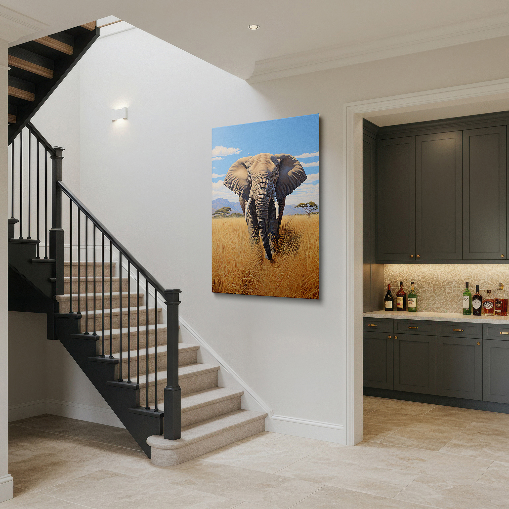Perfectly sized at 45×30 cm for accenting shelves or narrow walls — african elephant in golden grass with blue sky large canvas wall art for office, bedroom, and living room decor