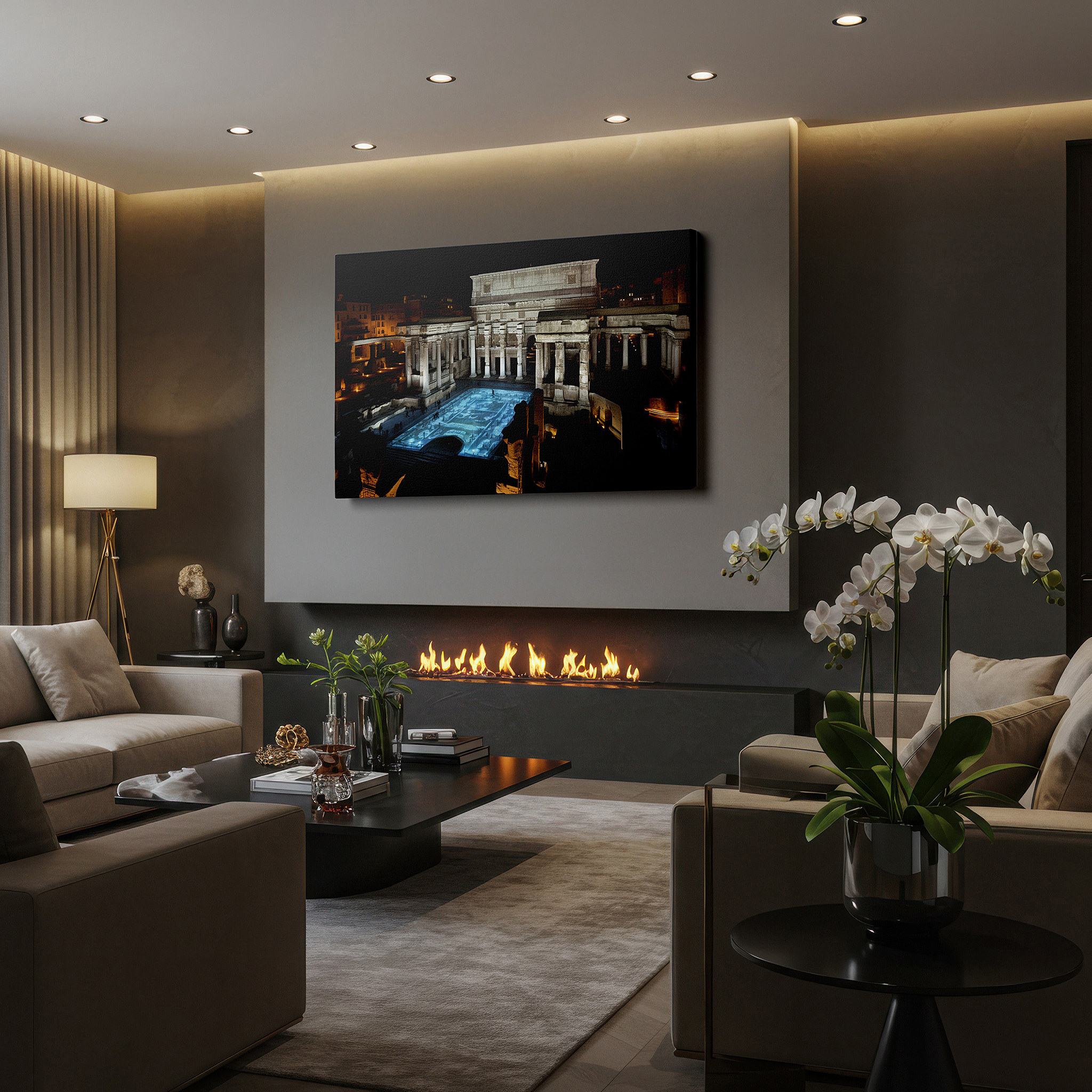 Perfectly sized at 45×30 cm for accenting shelves or narrow walls — ancient echoes in modern lights: blending historical grandeur with contemporary technology - large wall art, canvas wall art, wall decor