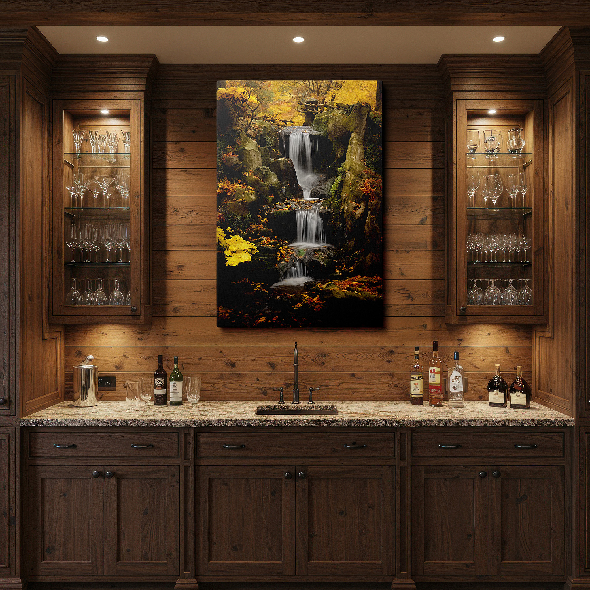 Perfectly sized at 45×30 cm for accenting shelves or narrow walls — autumn waterfall elegance wall art: experience the tranquil symphony of cascading waters and vibrant foliage - large canvas wall art for home and office decor