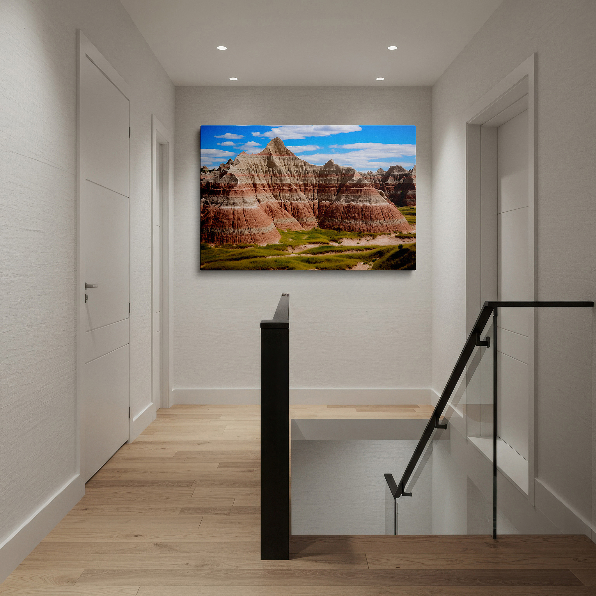 Perfectly sized at 45×30 cm for accenting shelves or narrow walls — badlands national park majestic peaks and striped formations large wall art, canvas wall art, wall decor for office, bedroom, and living room