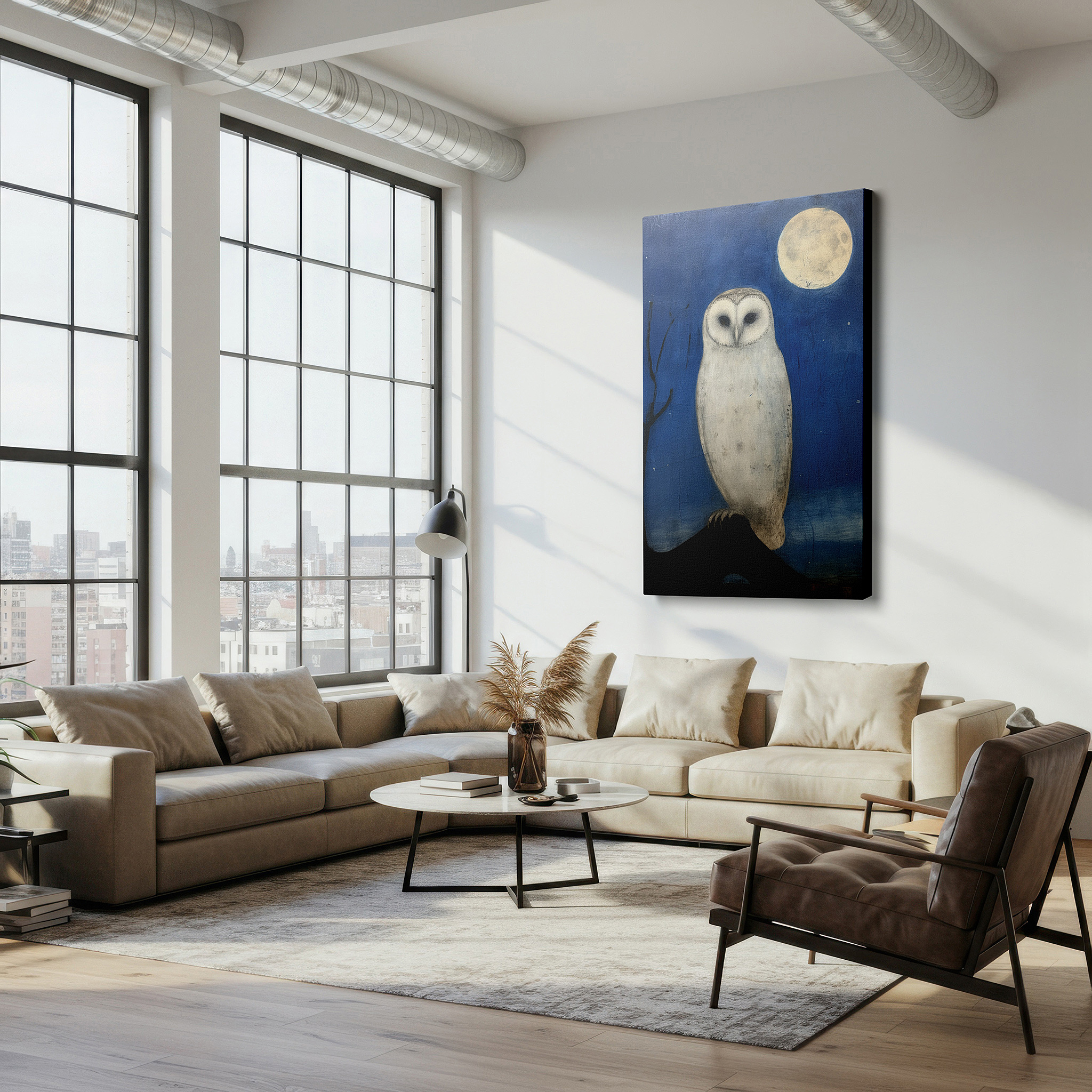 Perfectly sized at 45×30 cm for accenting shelves or narrow walls — barn owl under a bright moon large canvas wall art, symbolizing peace and solitude, ideal for office decor