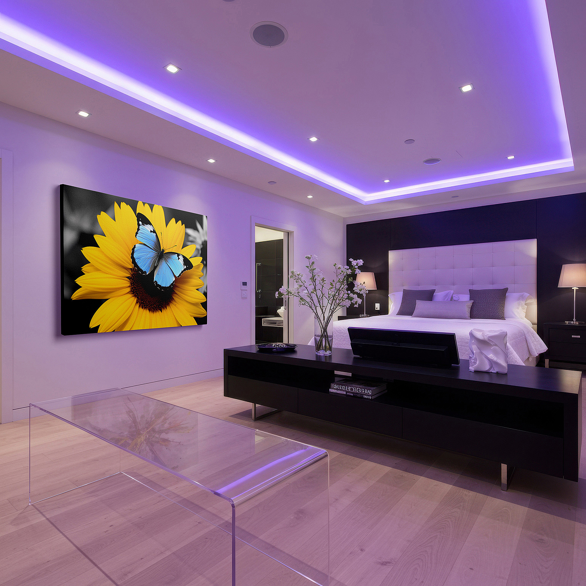 Perfectly sized at 45×30 cm for accenting shelves or narrow walls — bright yellow sunflower with vivid blue butterfly, tranquil and vibrant large wall art, canvas wall art, wall decor for office and bedroom