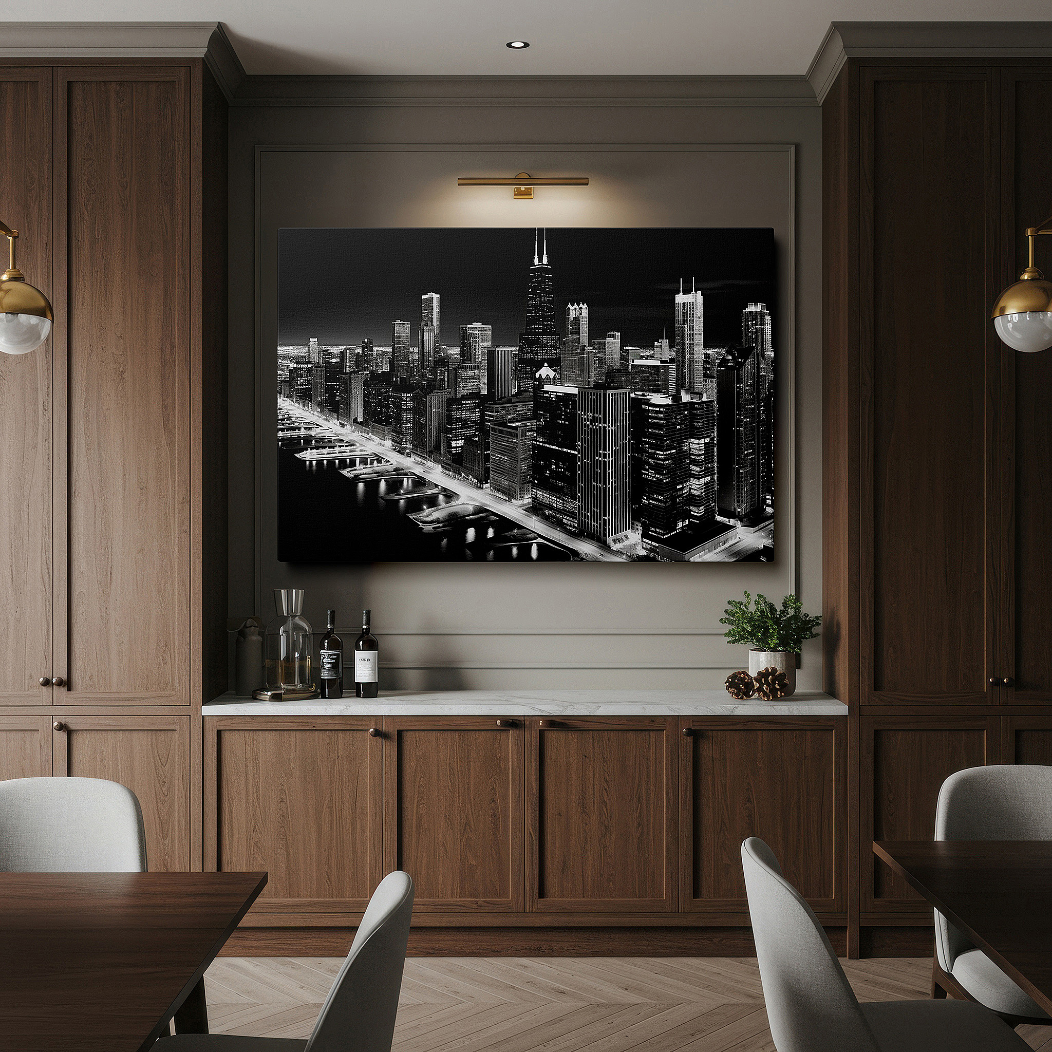 Perfectly sized at 45×30 cm for accenting shelves or narrow walls — chicago skyline at night in black and white: majestic view with willis tower dominating the skyscrapers - large canvas wall art