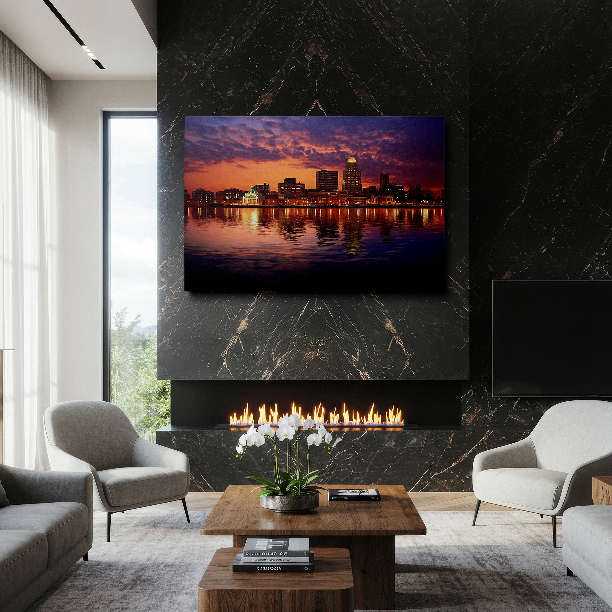 Perfectly sized at 45×30 cm for accenting shelves or narrow walls — cityscape at dusk: sunset hues and tranquil reflections - large canvas wall art for office and bedroom decor