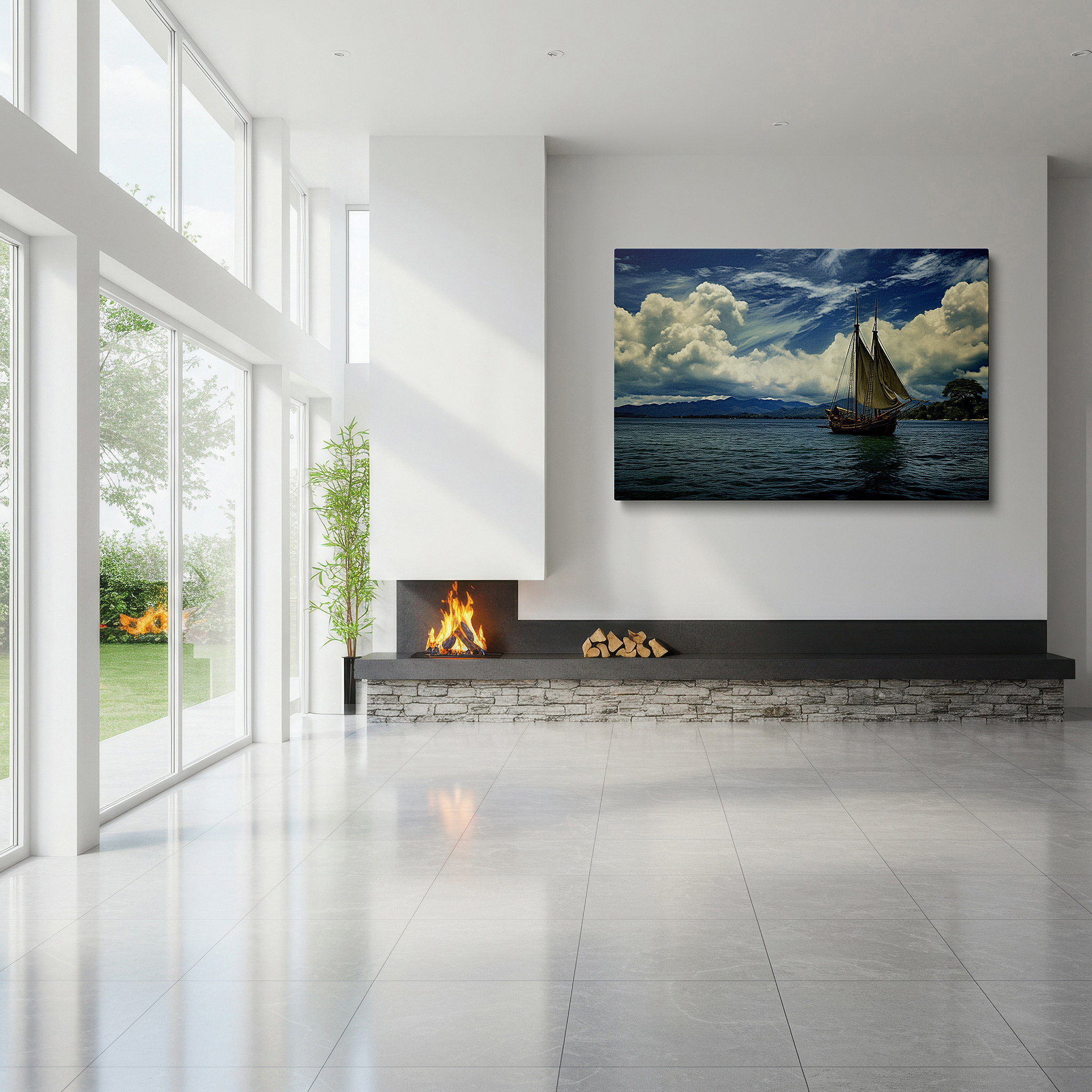Perfectly sized at 45×30 cm for accenting shelves or narrow walls — classic sailing ship on calm waters with verdant scenery large wall art, canvas wall art, wall decor for office, bedroom, and living room