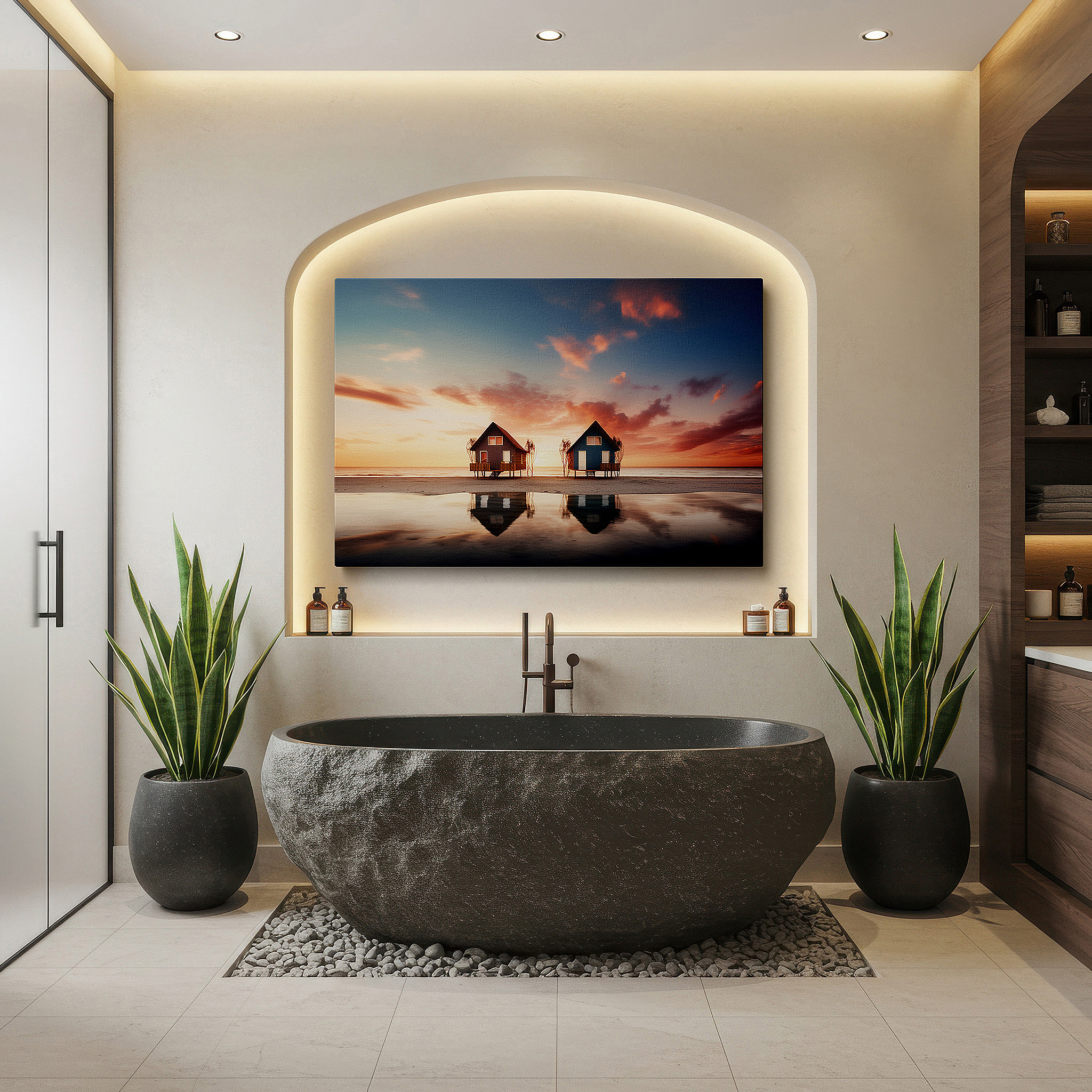 Perfectly sized at 45×30 cm for accenting shelves or narrow walls — coastal serenity: seaside cabin sunset large wall art, canvas decor for office, bedroom, and living room