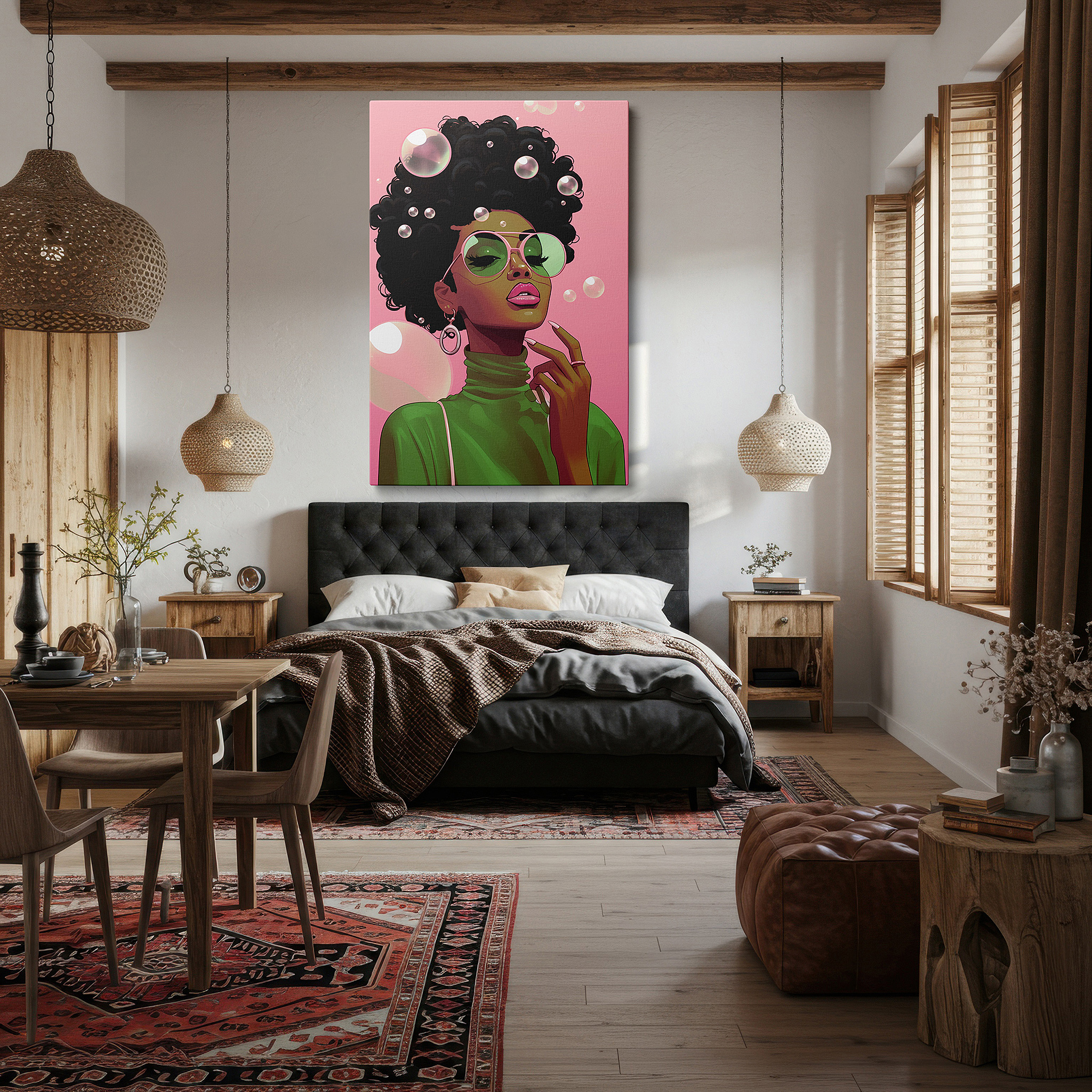 Perfectly sized at 45×30 cm for accenting shelves or narrow walls — contemporary women's confidence and style featuring bold bubbles: large canvas wall art for office, bedroom, and living room decor