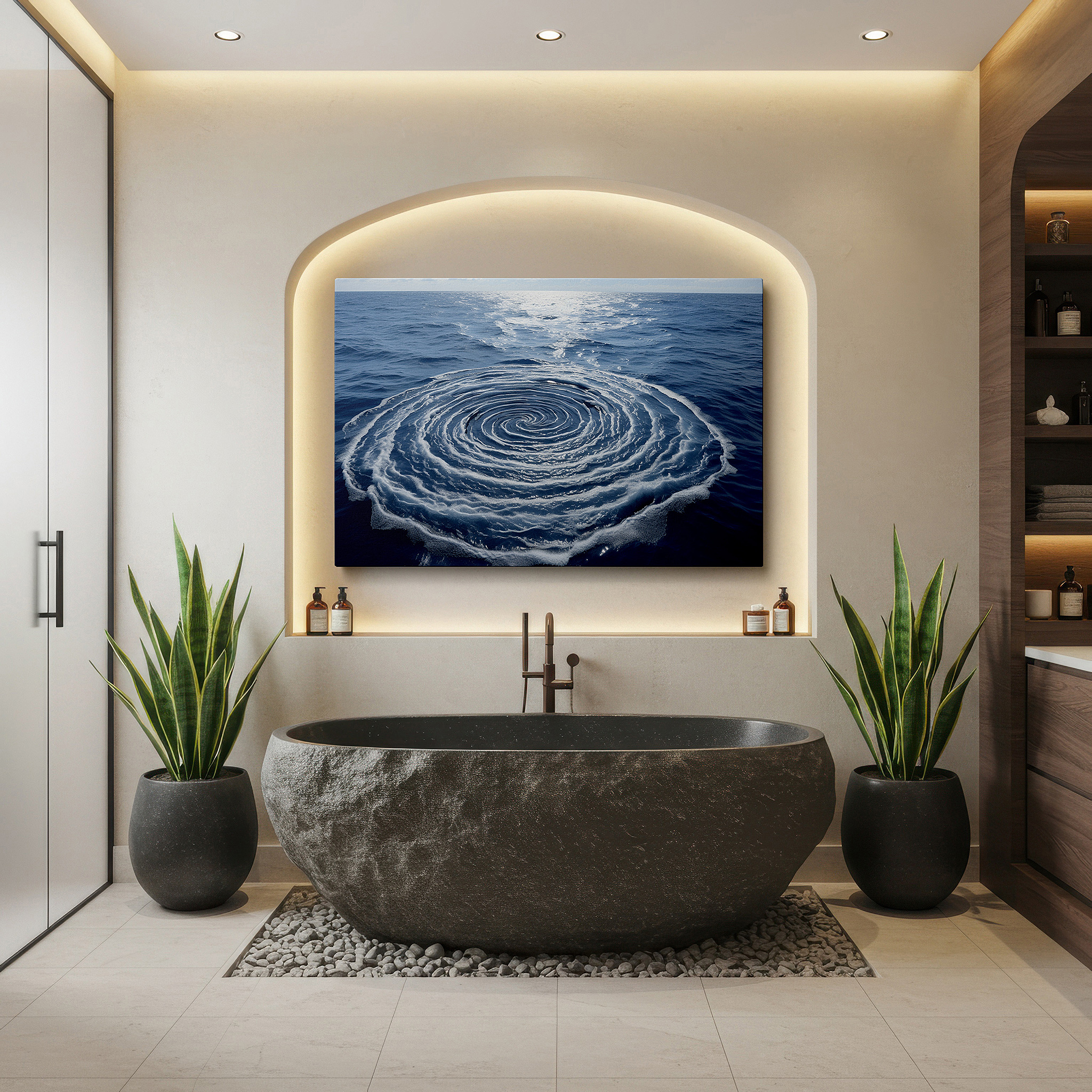 Perfectly sized at 45×30 cm for accenting shelves or narrow walls — deep blue ocean swirl, tranquil nature's rhythm large wall art, canvas wall art, wall decor for office