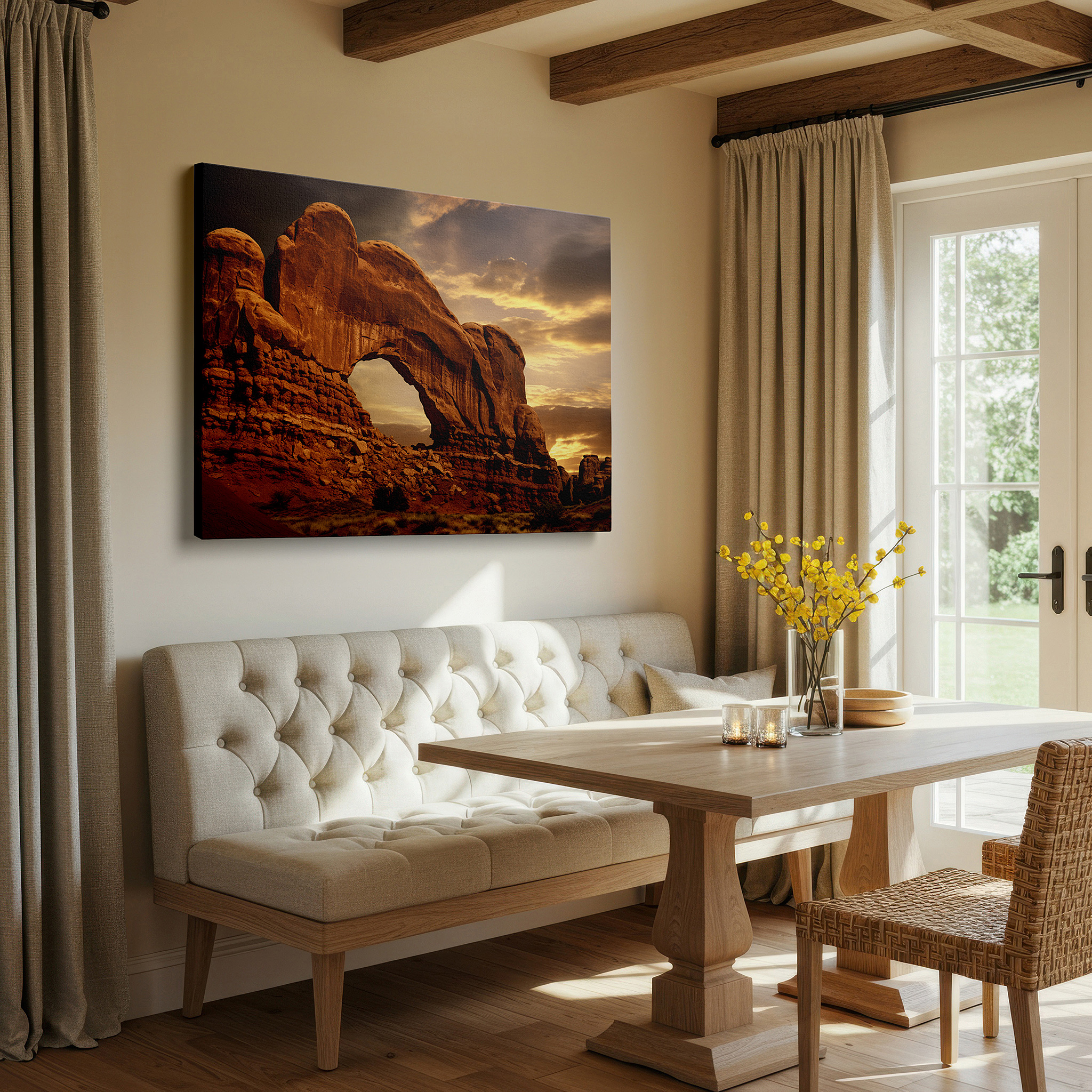 Perfectly sized at 45×30 cm for accenting shelves or narrow walls — desert rock archway at dusk large canvas wall art for office, bedroom, and living room decor
