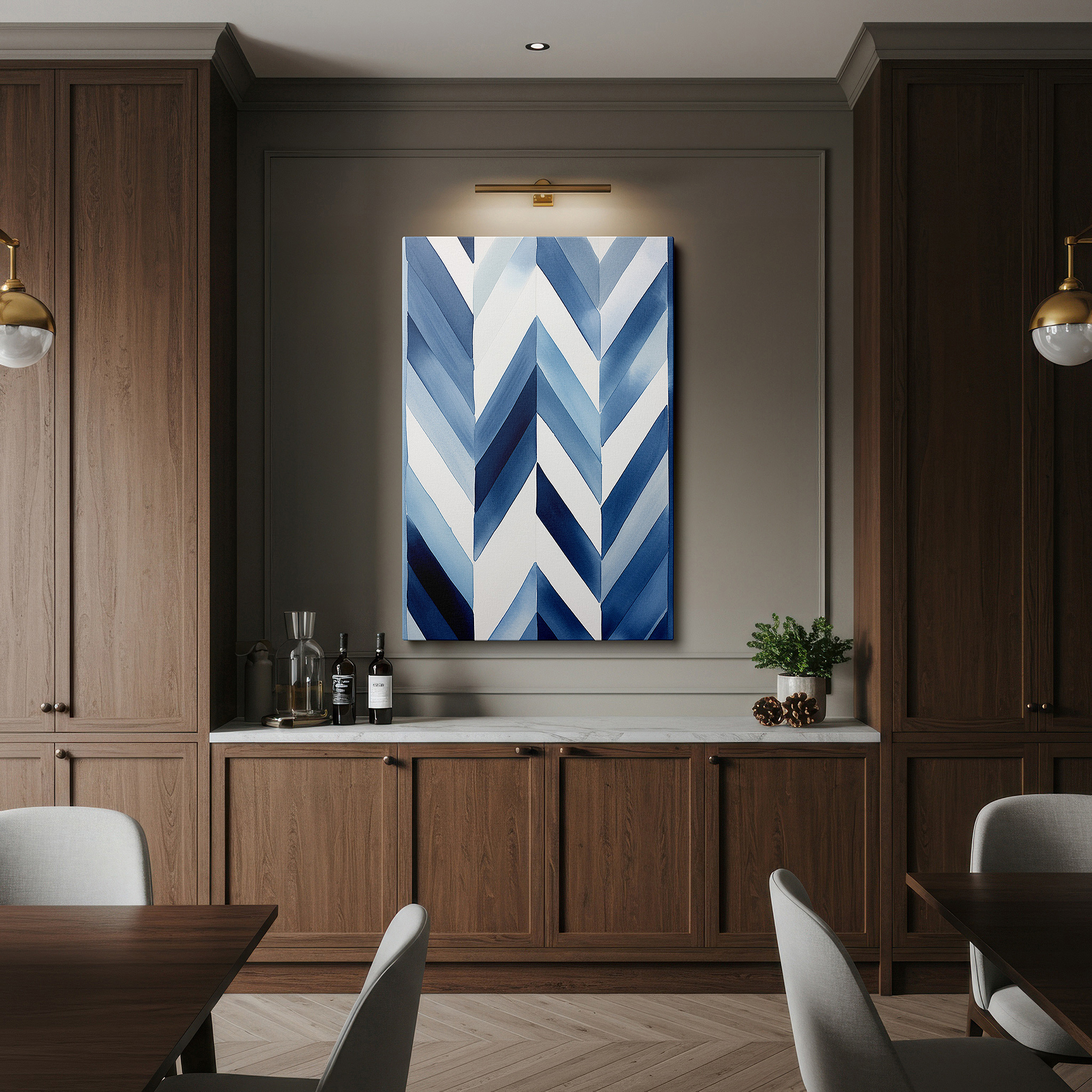 Perfectly sized at 45×30 cm for accenting shelves or narrow walls — dynamic blue chevron patterns, contemporary abstract large wall art, canvas wall decor for office and bedroom