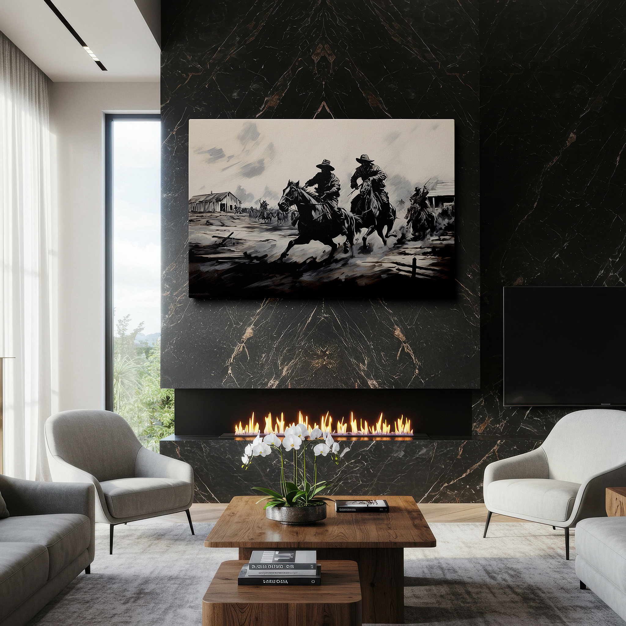 Perfectly sized at 45×30 cm for accenting shelves or narrow walls — elegant black and white horsemen charging across wild terrain - large canvas wall art for office and bedroom decor