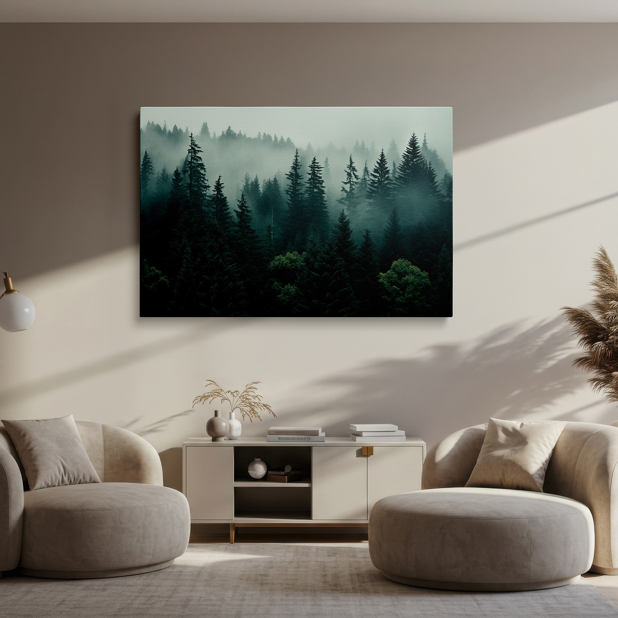 Perfectly sized at 45×30 cm for accenting shelves or narrow walls — enchanted evergreens in mist: a serene symphony of light and shadow - large wall art, canvas wall art, wall decor for office and bedroom