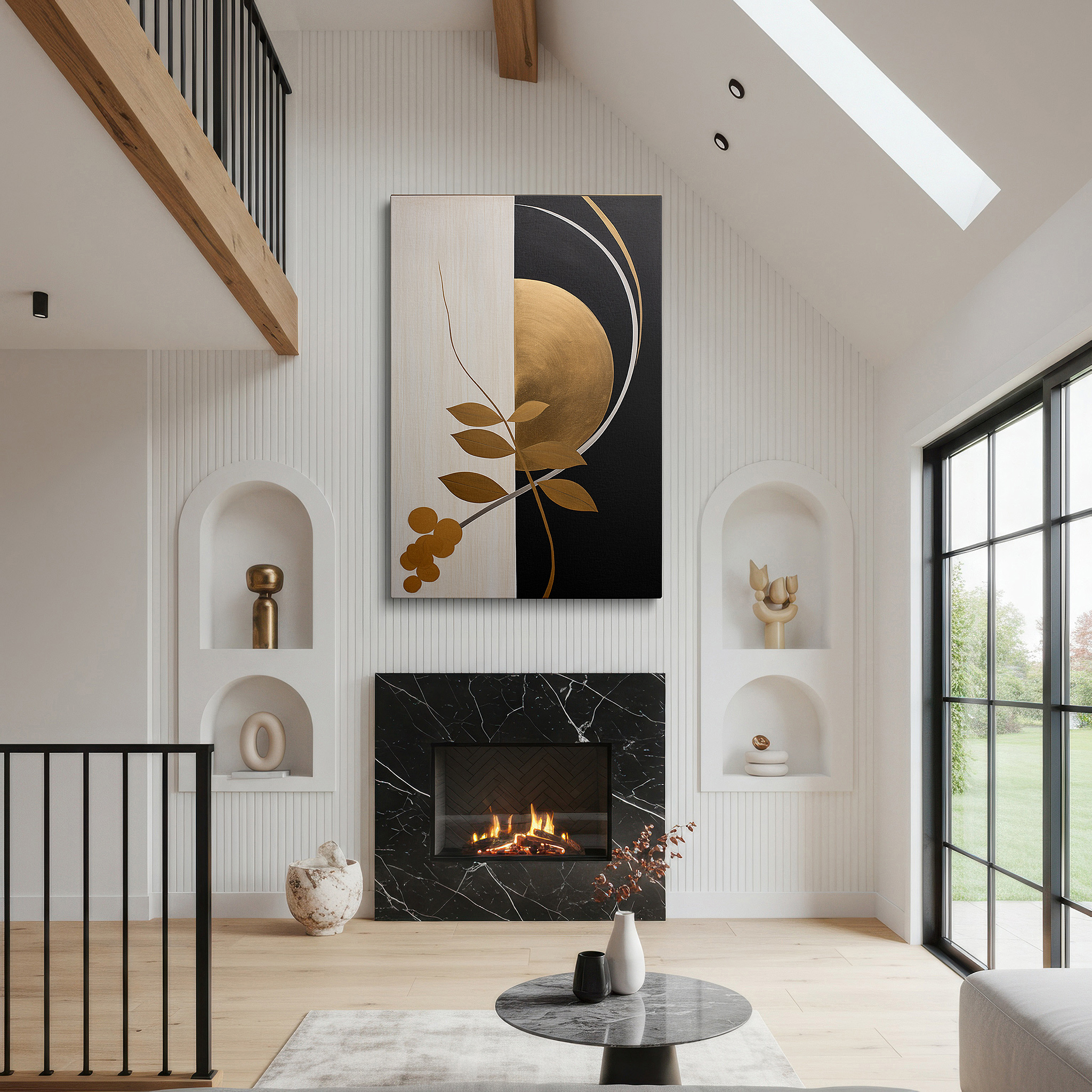 Perfectly sized at 45×30 cm for accenting shelves or narrow walls — golden leaves circle in a bold dance, merging elegance with dramatic contrast - large wall art, canvas wall art, wall decor, office wall art