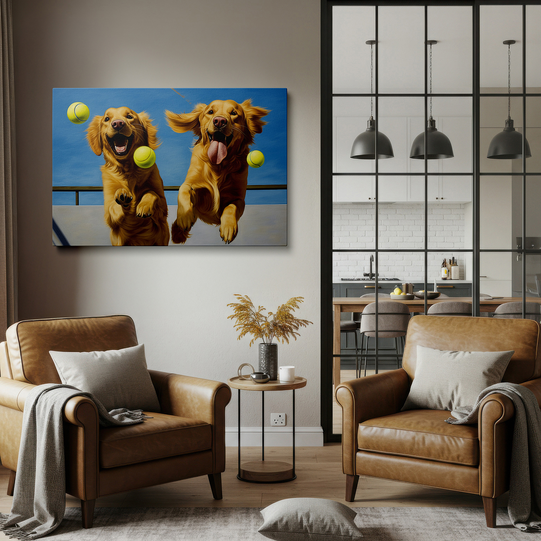 Perfectly sized at 45×30 cm for accenting shelves or narrow walls — golden retrievers joyfully chasing tennis balls in a sunlit field - large canvas wall art for office, bedroom, and living room decor