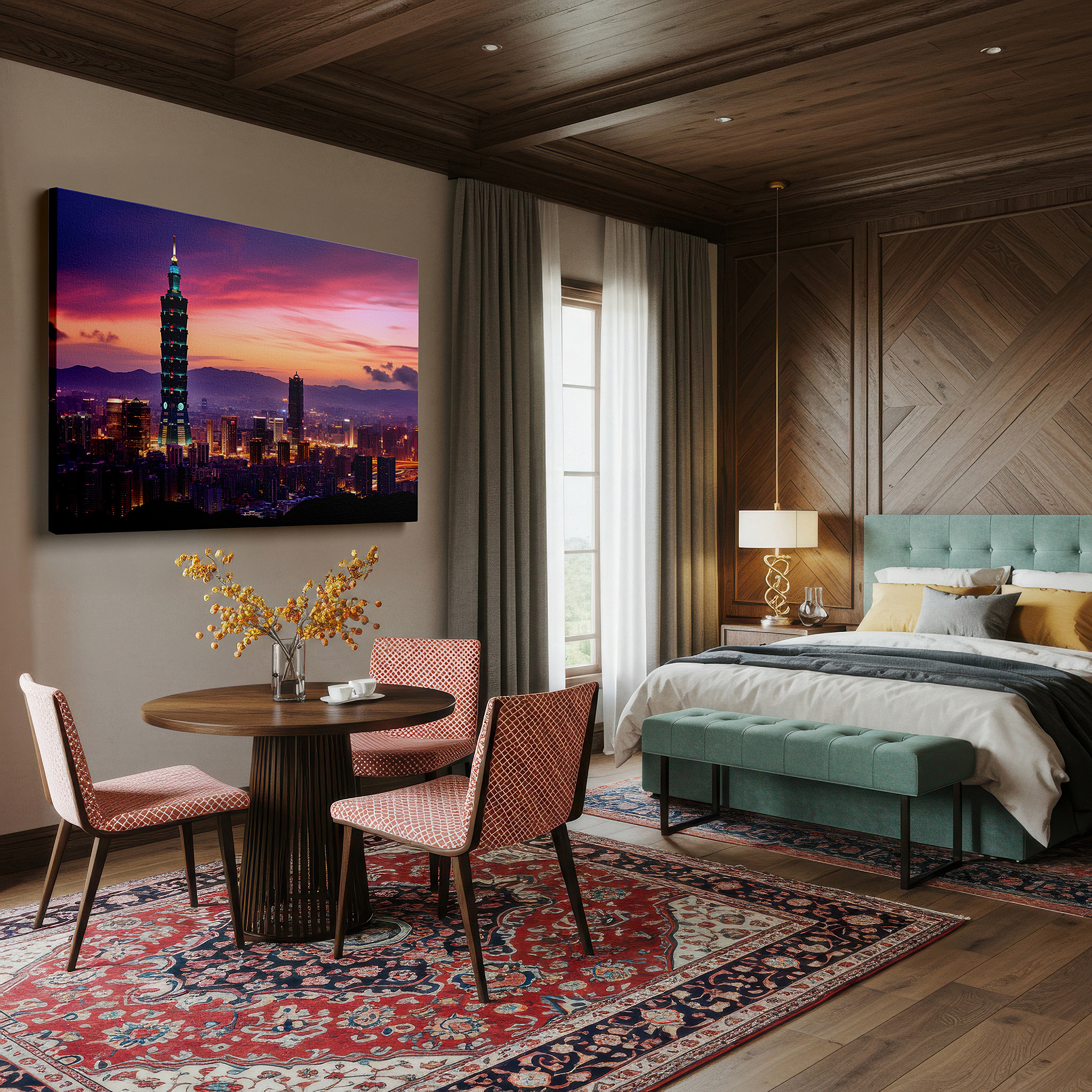 Perfectly sized at 45×30 cm for accenting shelves or narrow walls — golden splendor of taipei 101 amidst a luminous cityscape at night - large wall art, canvas wall art, wall art decor for office and bedroom
