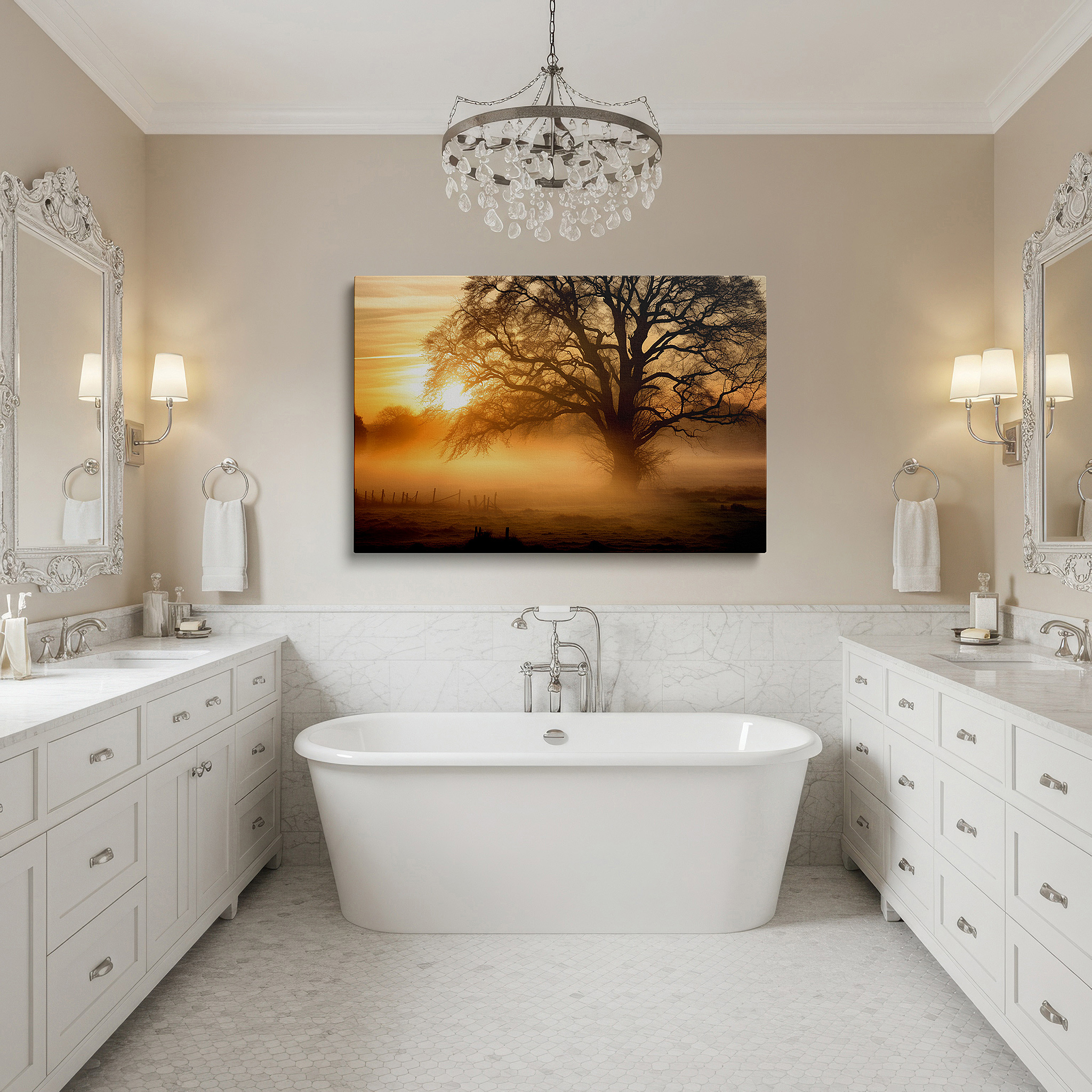 Perfectly sized at 45×30 cm for accenting shelves or narrow walls — golden sunrise and majestic tree silhouette canvas wall art, embracing dawn's warmth and mystery, large wall decor for office