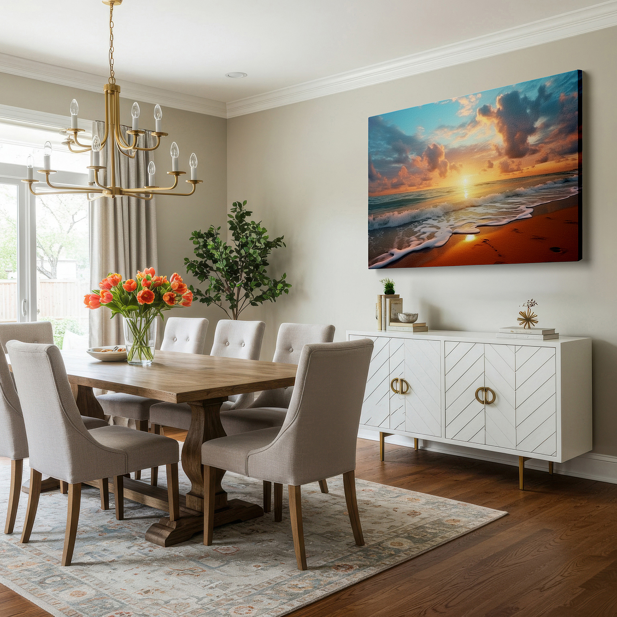 Perfectly sized at 45×30 cm for accenting shelves or narrow walls — golden sunset serenity with tranquil ocean waves - large canvas wall art for office and bedroom decor