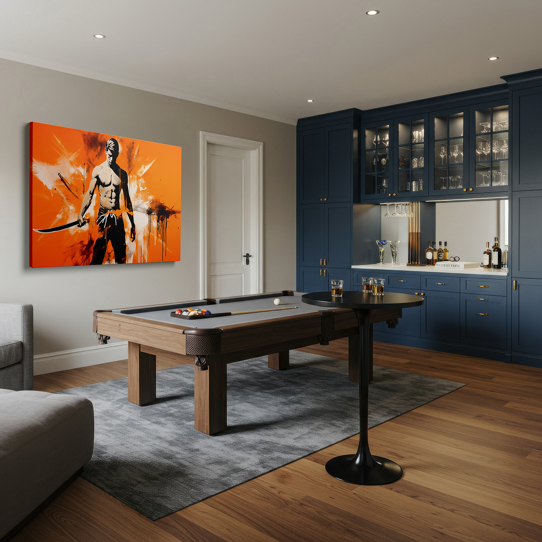 Perfectly sized at 45×30 cm for accenting shelves or narrow walls — heroic silhouette set against a fiery orange backdrop, a bold display of determination and strength - large canvas wall art for office decor
