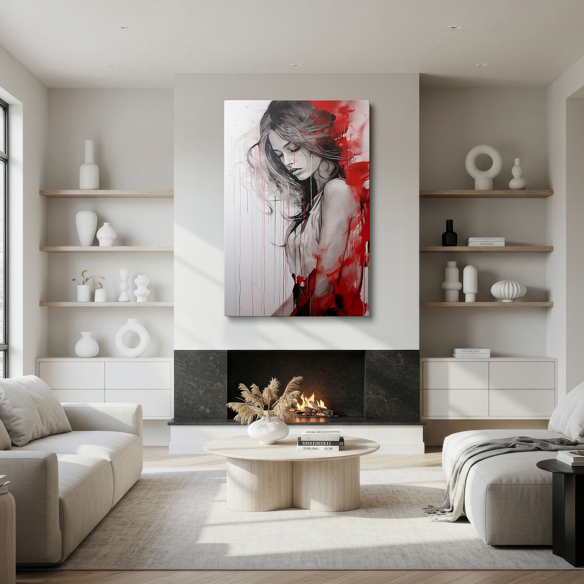 Perfectly sized at 45×30 cm for accenting shelves or narrow walls — introspective woman against a chaotic red backdrop: exploring emotional complexity and artistic depth - large canvas wall art