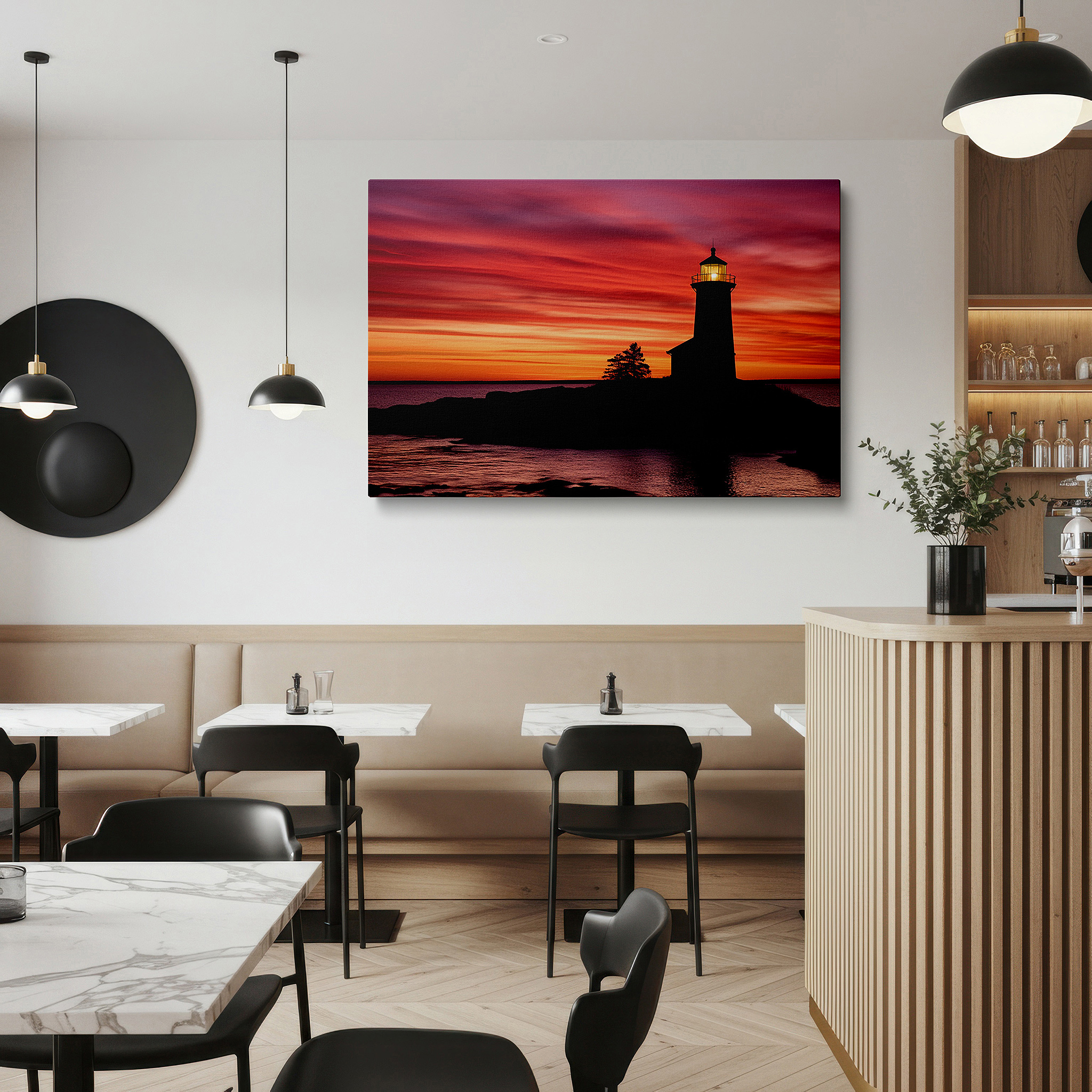 Perfectly sized at 45×30 cm for accenting shelves or narrow walls — lighthouse beacon at sunset: a symbol of guidance and safety - large canvas wall art for office and bedroom decor
