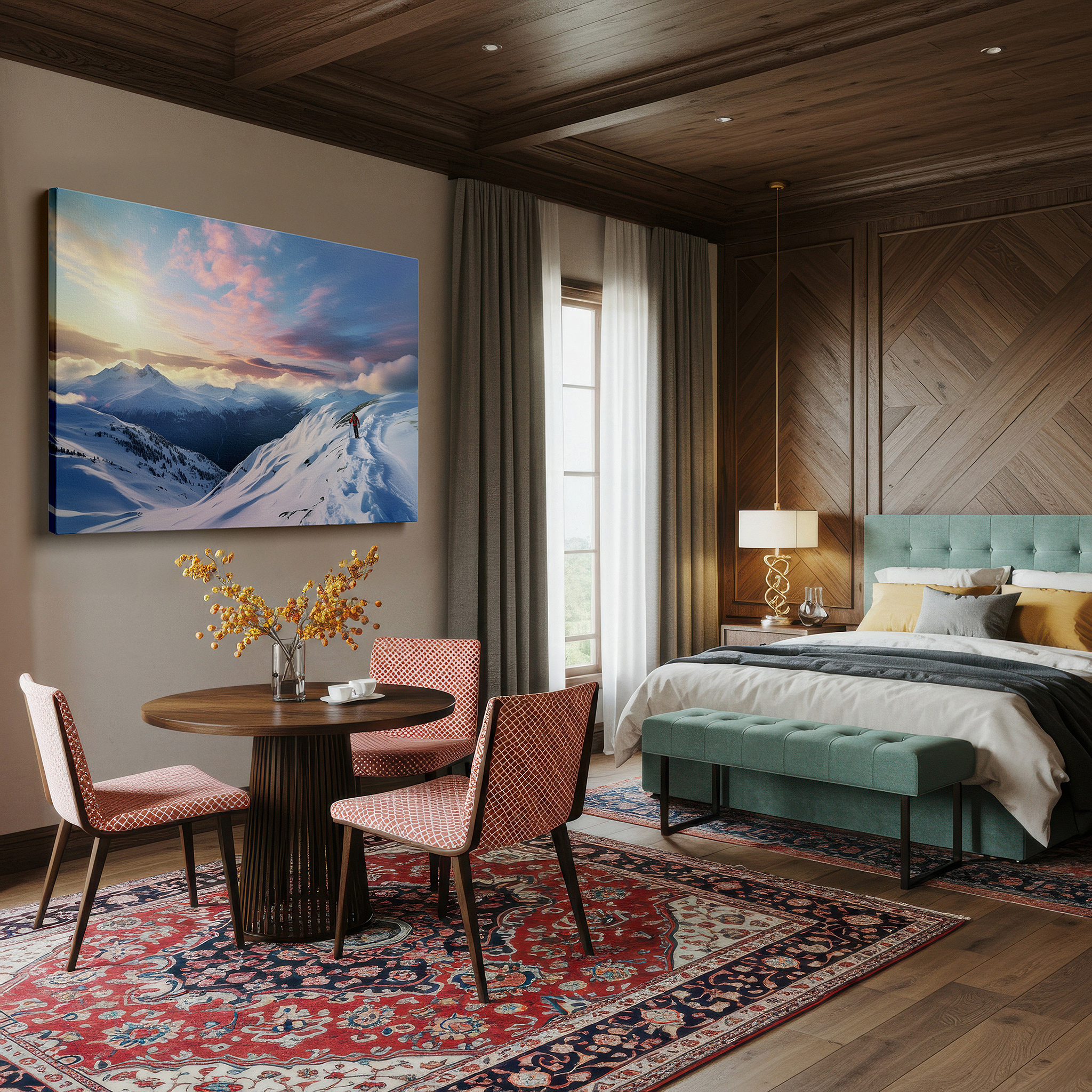 Perfectly sized at 45×30 cm for accenting shelves or narrow walls — lone adventurer on snowy summit, silhouetted by dawn of renewal - large canvas wall art for office and bedroom decor