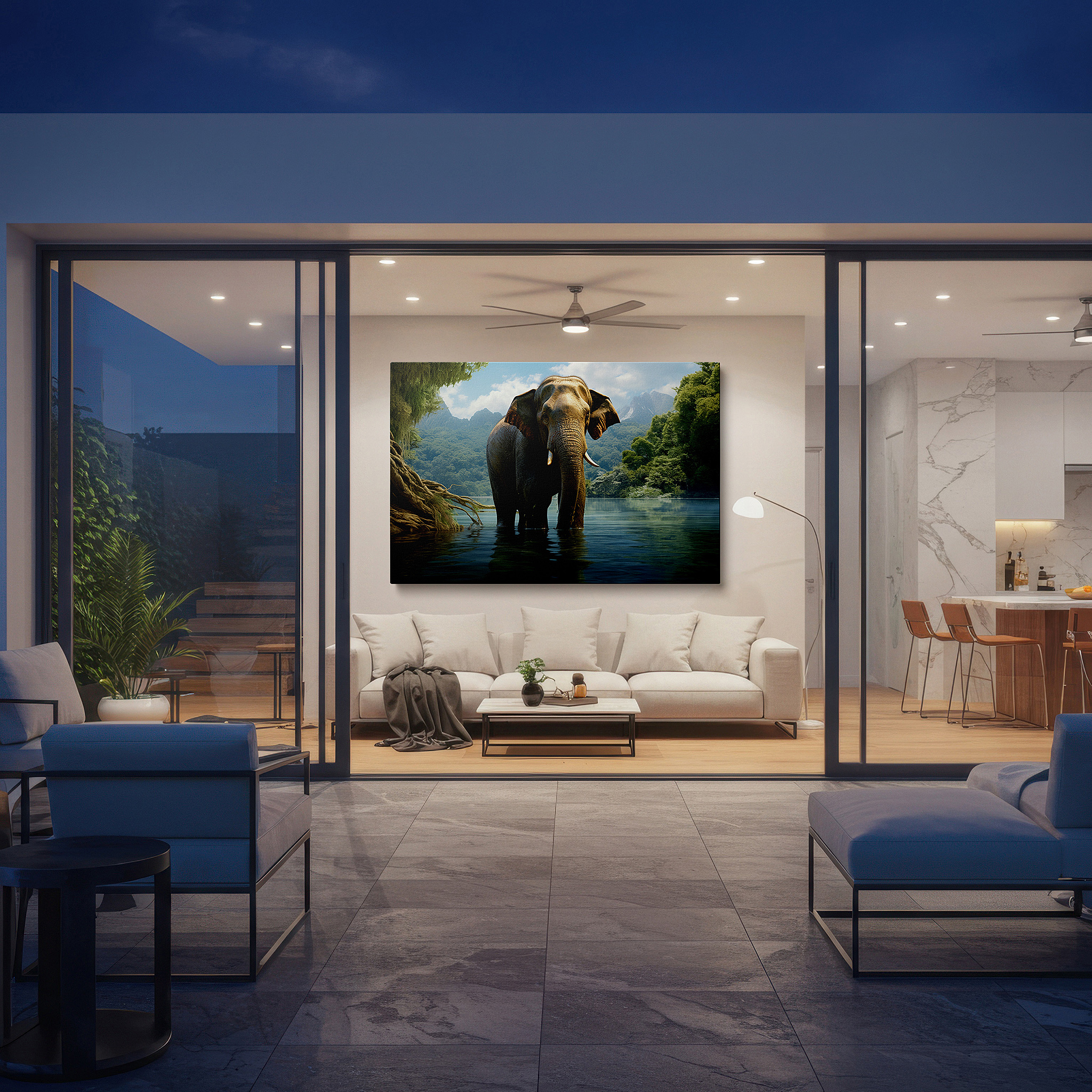 Perfectly sized at 45×30 cm for accenting shelves or narrow walls — majestic elephant in shallow waters amidst lush greenery at dawn - large canvas wall art for office and bedroom decor