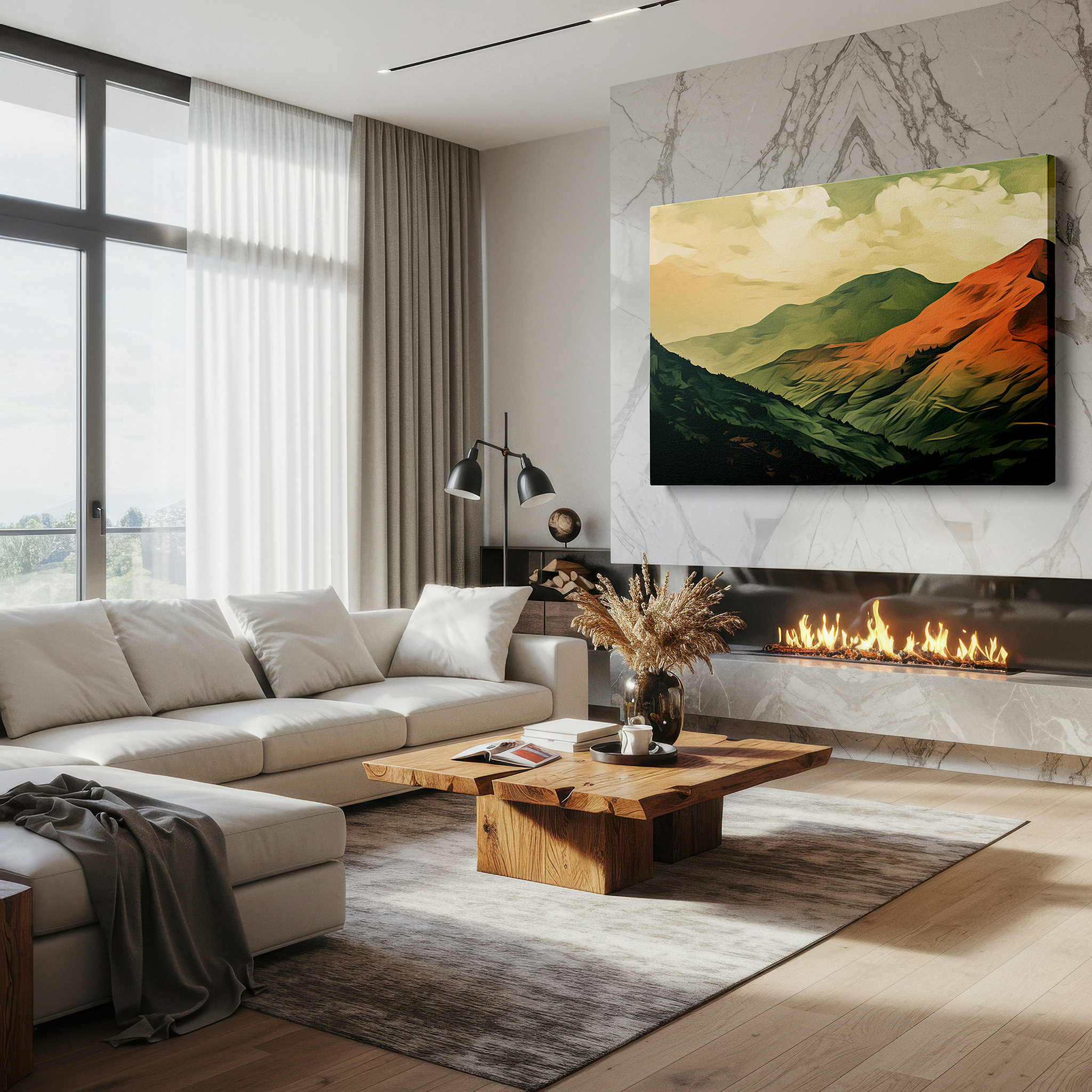 Perfectly sized at 45×30 cm for accenting shelves or narrow walls — majestic mountain vista wall art with earthy tones blending land and sky, large canvas for office, bedroom, or living room decor