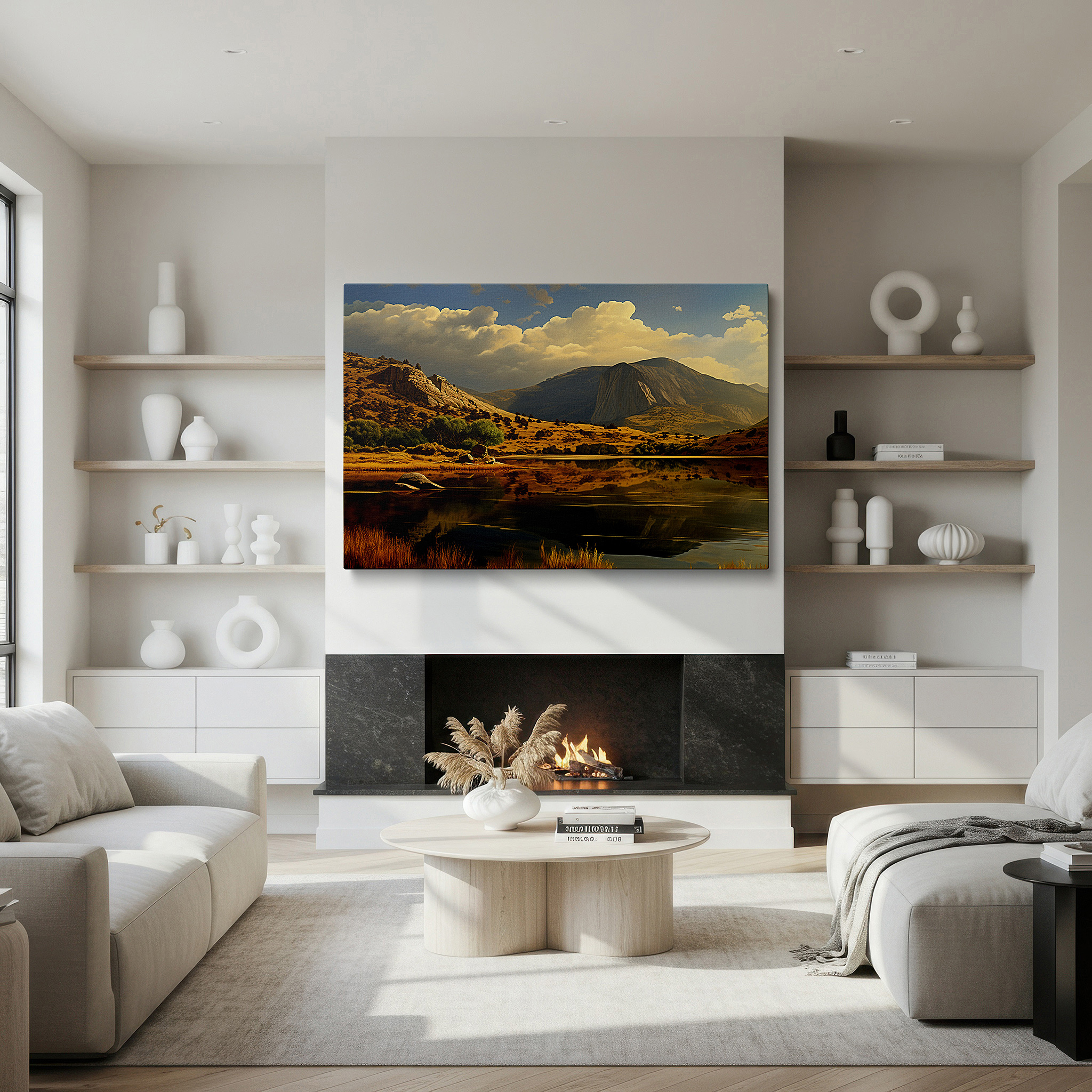 Perfectly sized at 45×30 cm for accenting shelves or narrow walls — majestic mountains and tranquil waters: dramatic sky large canvas wall art for office, bedroom, and living room decor