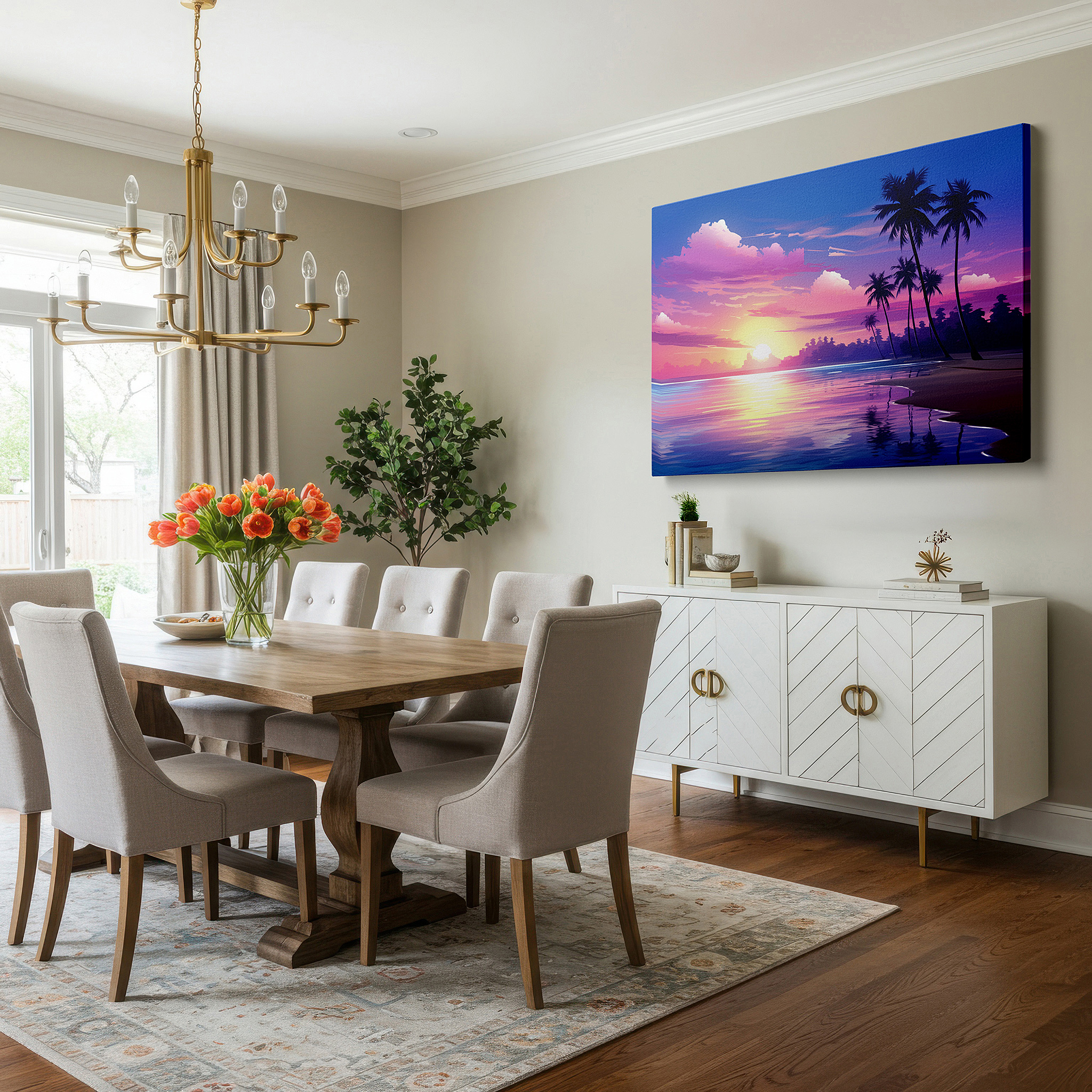 Perfectly sized at 45×30 cm for accenting shelves or narrow walls — majestic palm silhouettes against a vibrant sunset sky, serene beach paradise large wall art, canvas wall art, wall decor for office and bedroom