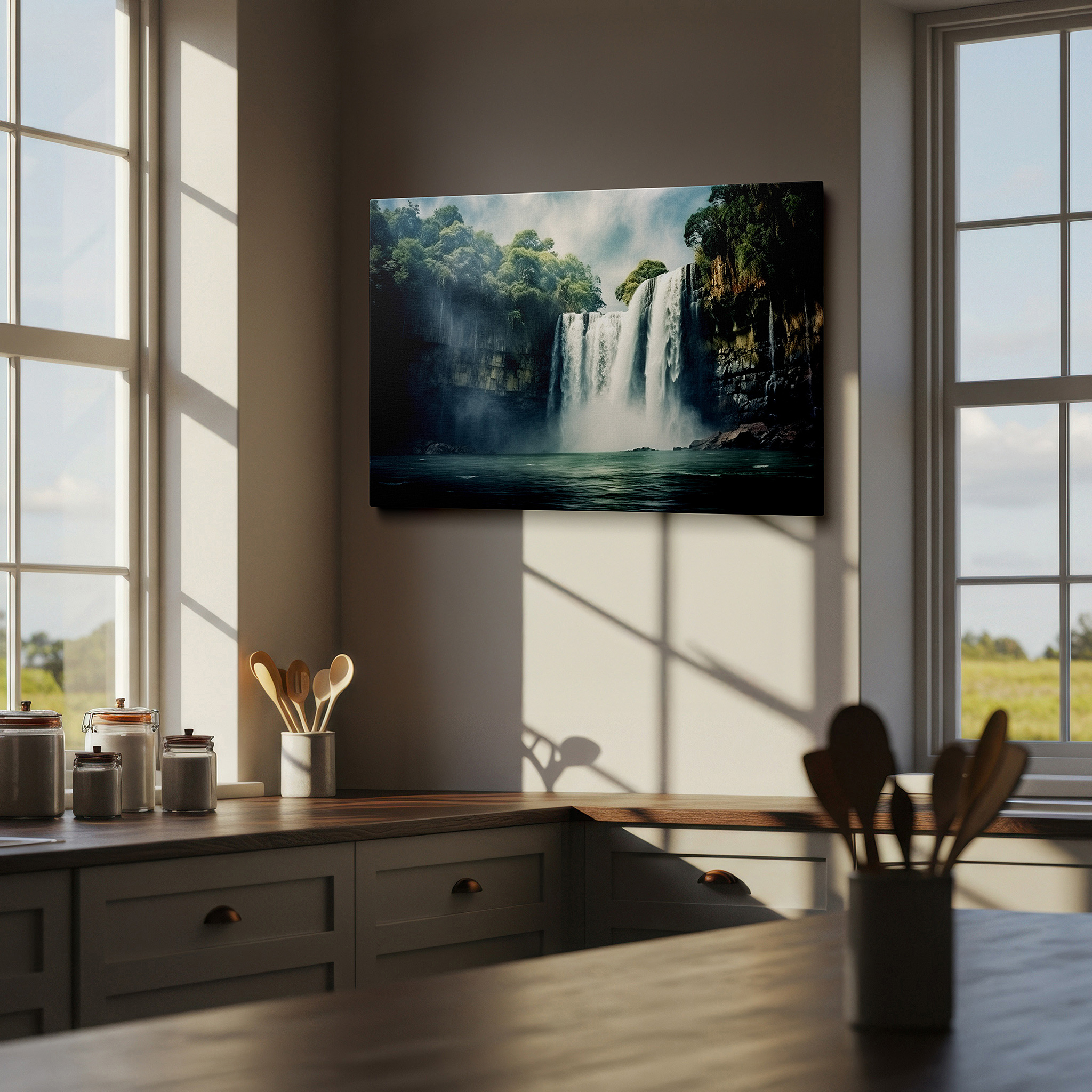 Perfectly sized at 45×30 cm for accenting shelves or narrow walls — mystical waterfall in mist - serene nature sanctuary timeless beauty large wall art, canvas wall art, wall decor for office and bedroom