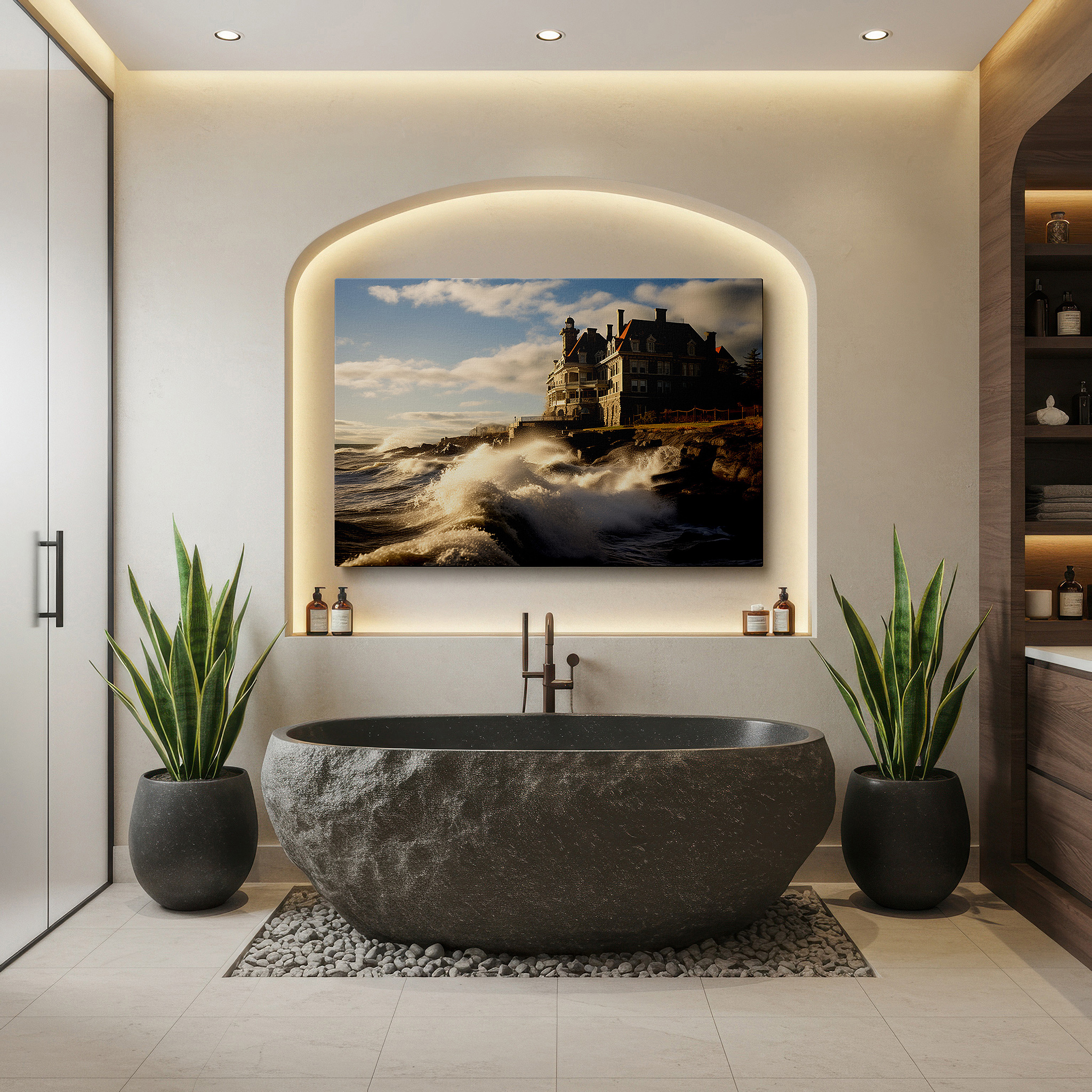 Perfectly sized at 45×30 cm for accenting shelves or narrow walls — nature's fury and sunset symphony: tension and harmony in a historic mansion - large canvas wall art for office and bedroom decor