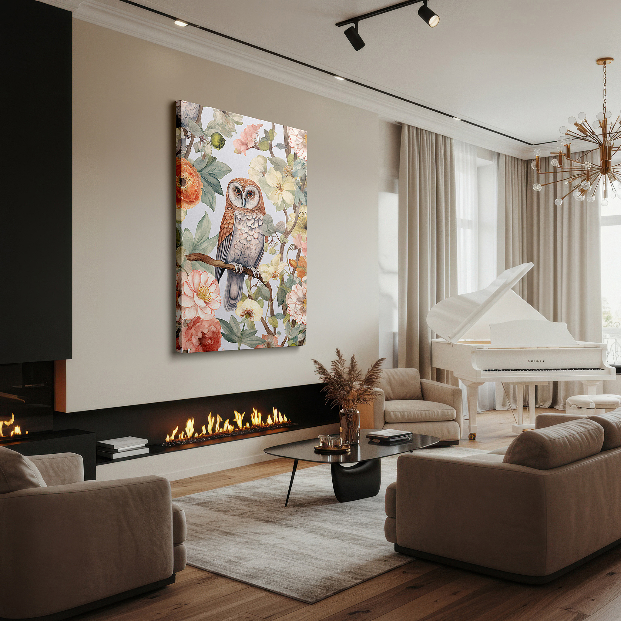 Perfectly sized at 45×30 cm for accenting shelves or narrow walls — owl amidst flowers - a harmonious display of wildlife and natural splendor, large canvas wall art for home and office decor