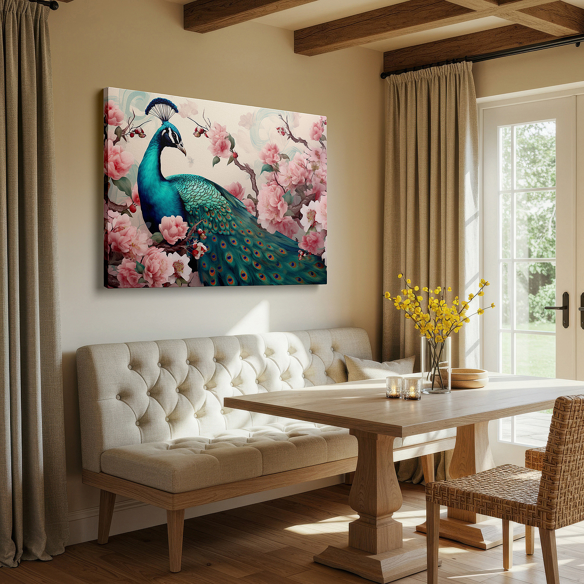 Perfectly sized at 45×30 cm for accenting shelves or narrow walls — peacock majesty in a lush garden: vibrant blues and greens large canvas wall art, office decor