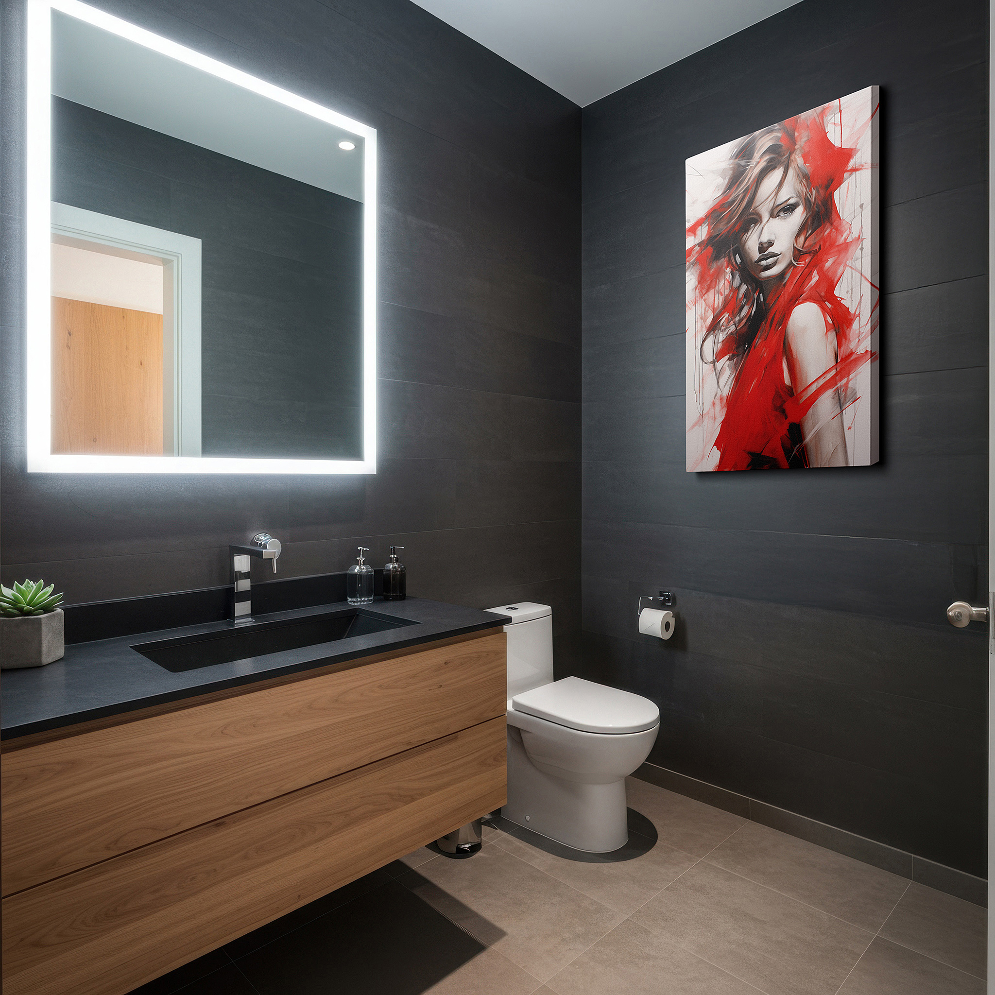 Perfectly sized at 45×30 cm for accenting shelves or narrow walls — portrait of a woman in red: a bold display of strength and beauty - large canvas wall art for office and bedroom decor