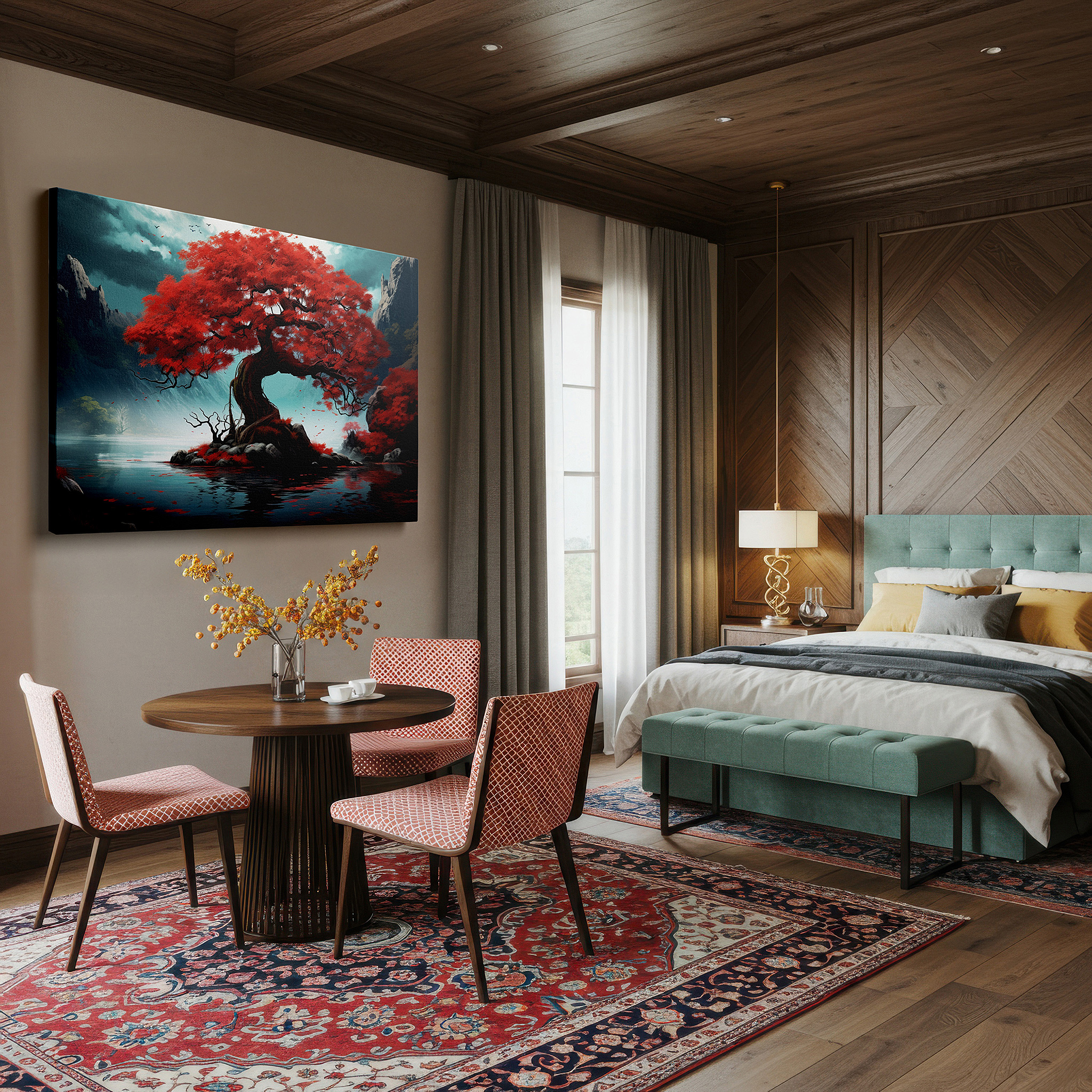 Perfectly sized at 45×30 cm for accenting shelves or narrow walls — red maple majesty over peaceful lake, autumn beauty in quiet nature, large wall art, canvas wall art, wall decor for office and bedroom